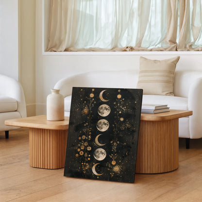 Celestial Moon Phases Canvas Wall Art – Gold Botanical Night Sky Wall Decor