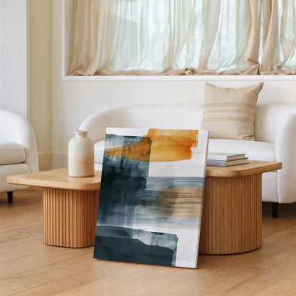 Modern Abstract Canvas Wall Art – Navy Blue & Gold Textured Minimalist Design