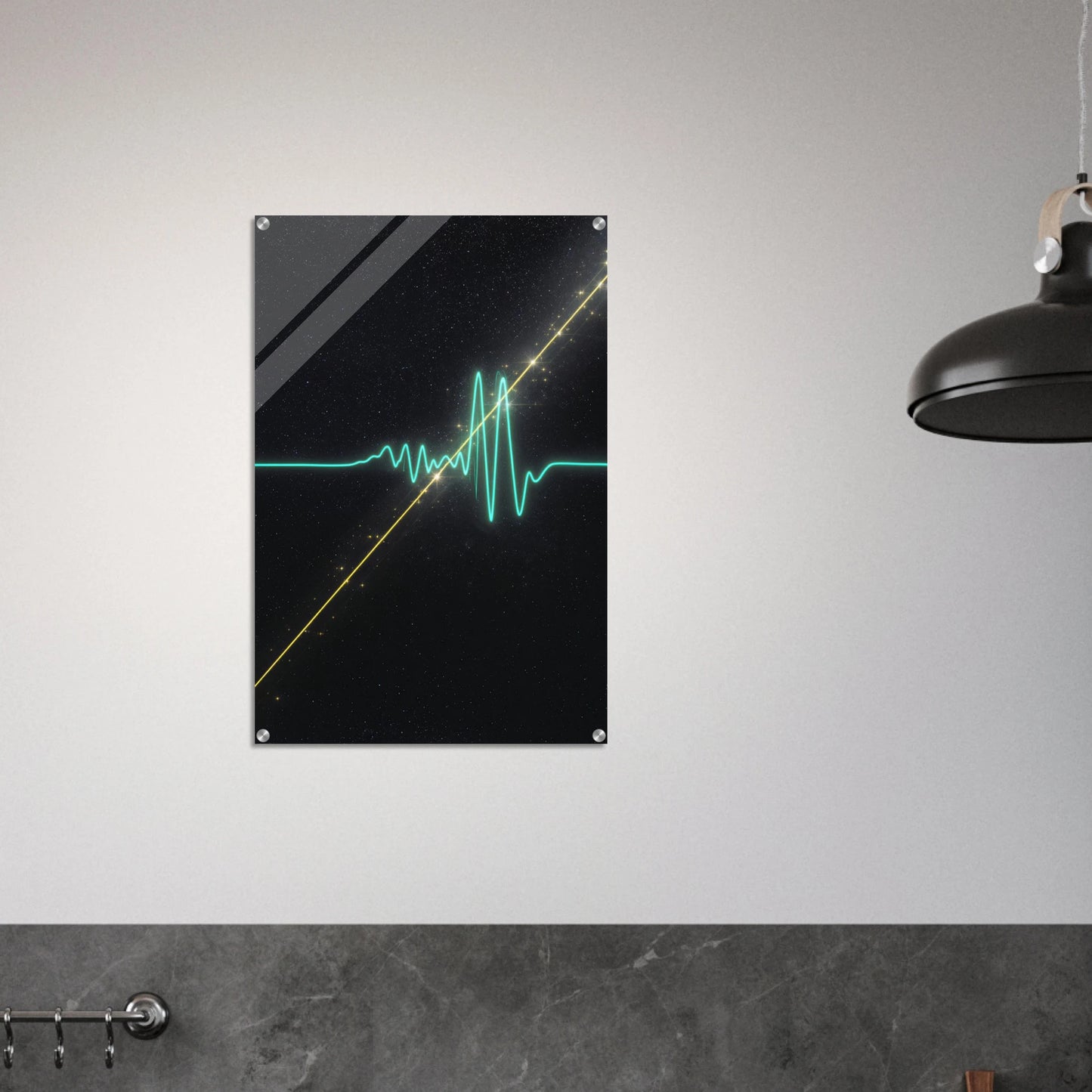 Futuristic design with green and yellow lines on a black background, mounted on a gray wall.