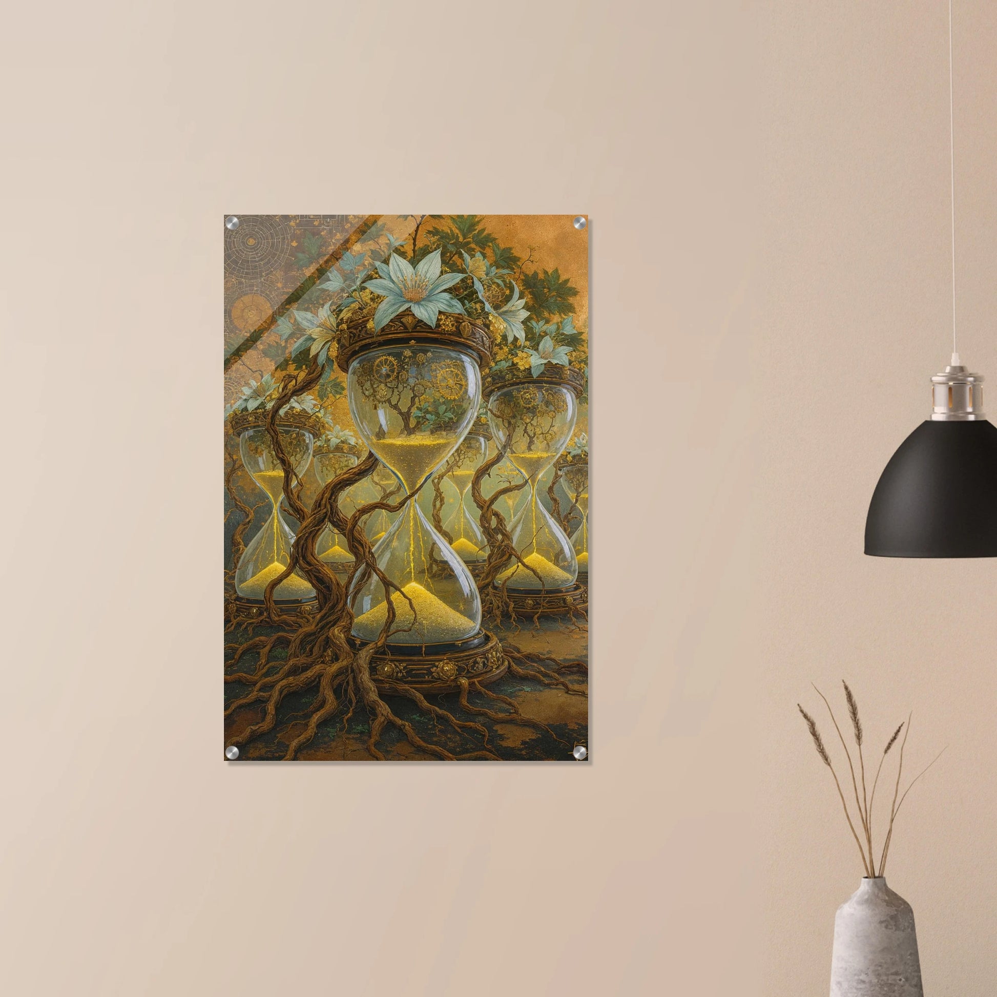 Decorative wall art of hourglass with tree design on a beige wall.