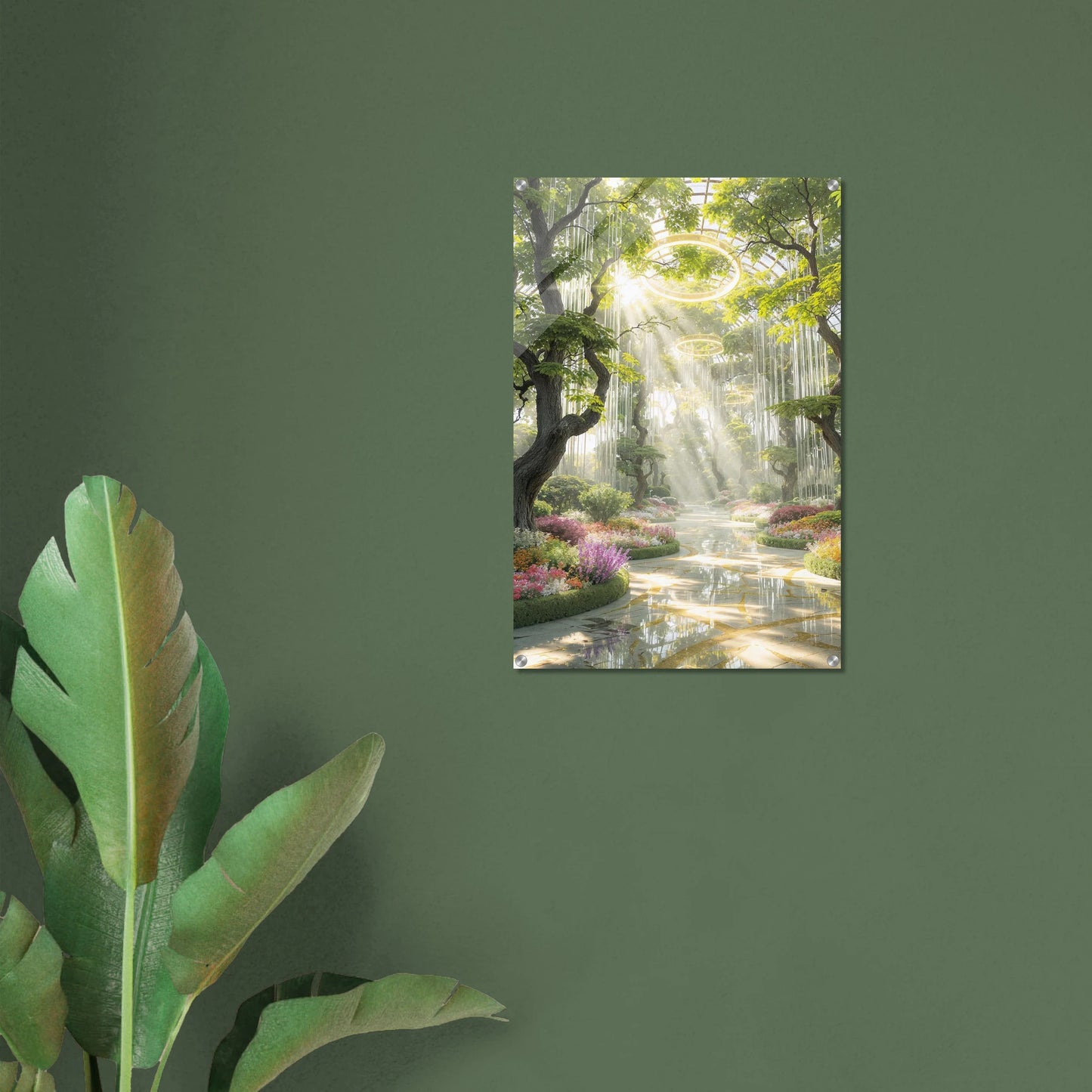 Framed artwork of a lush forest scene with sunlight filtering through the trees on a green wall.