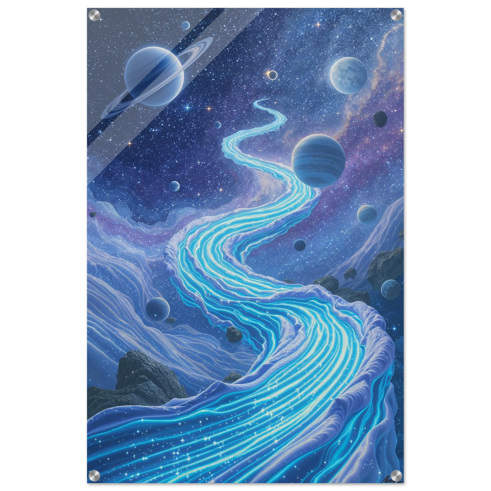 Space-themed artwork with planets and a glowing blue pathway on a white background