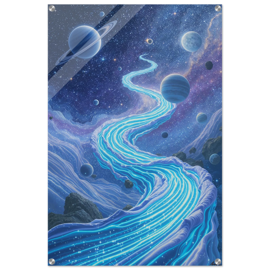 Space-themed artwork with planets and a glowing blue pathway on a white background
