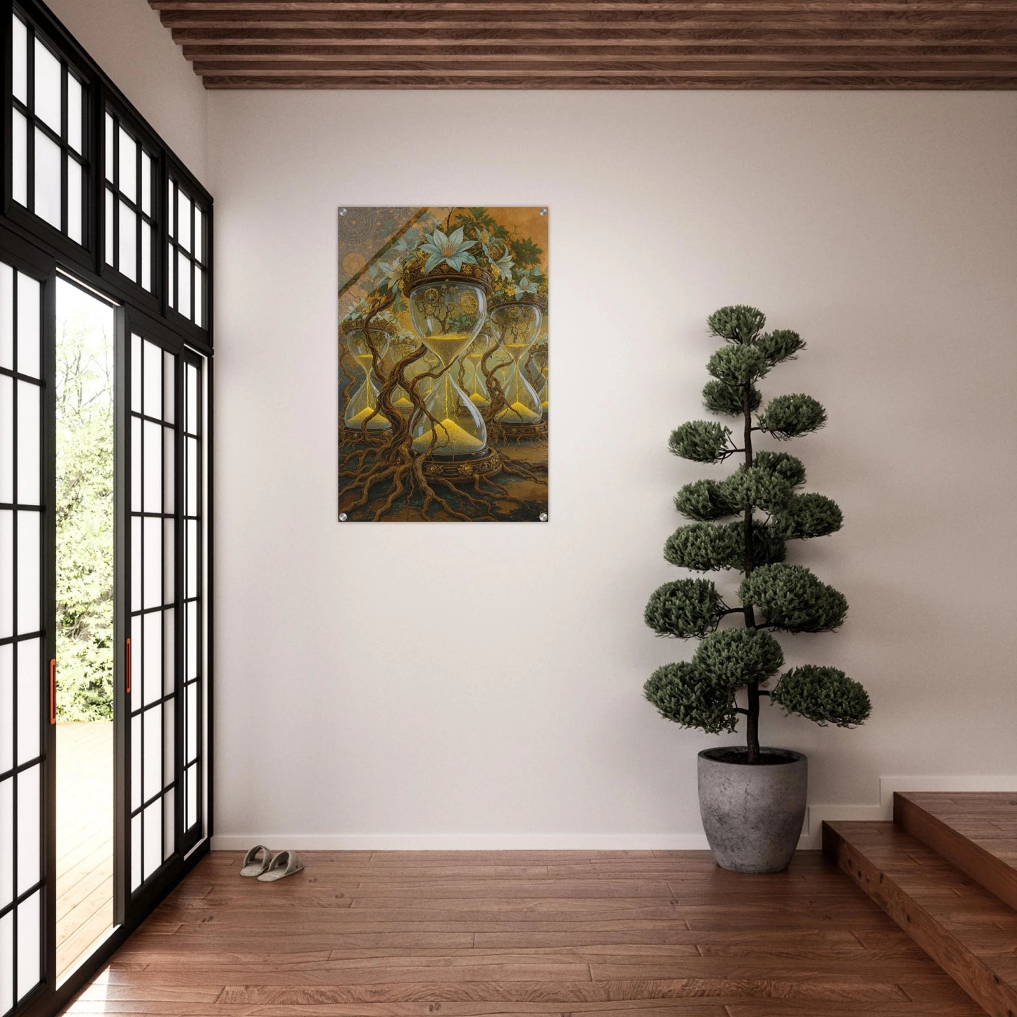 Room interior with a painting on the wall, a potted plant, and a large window.