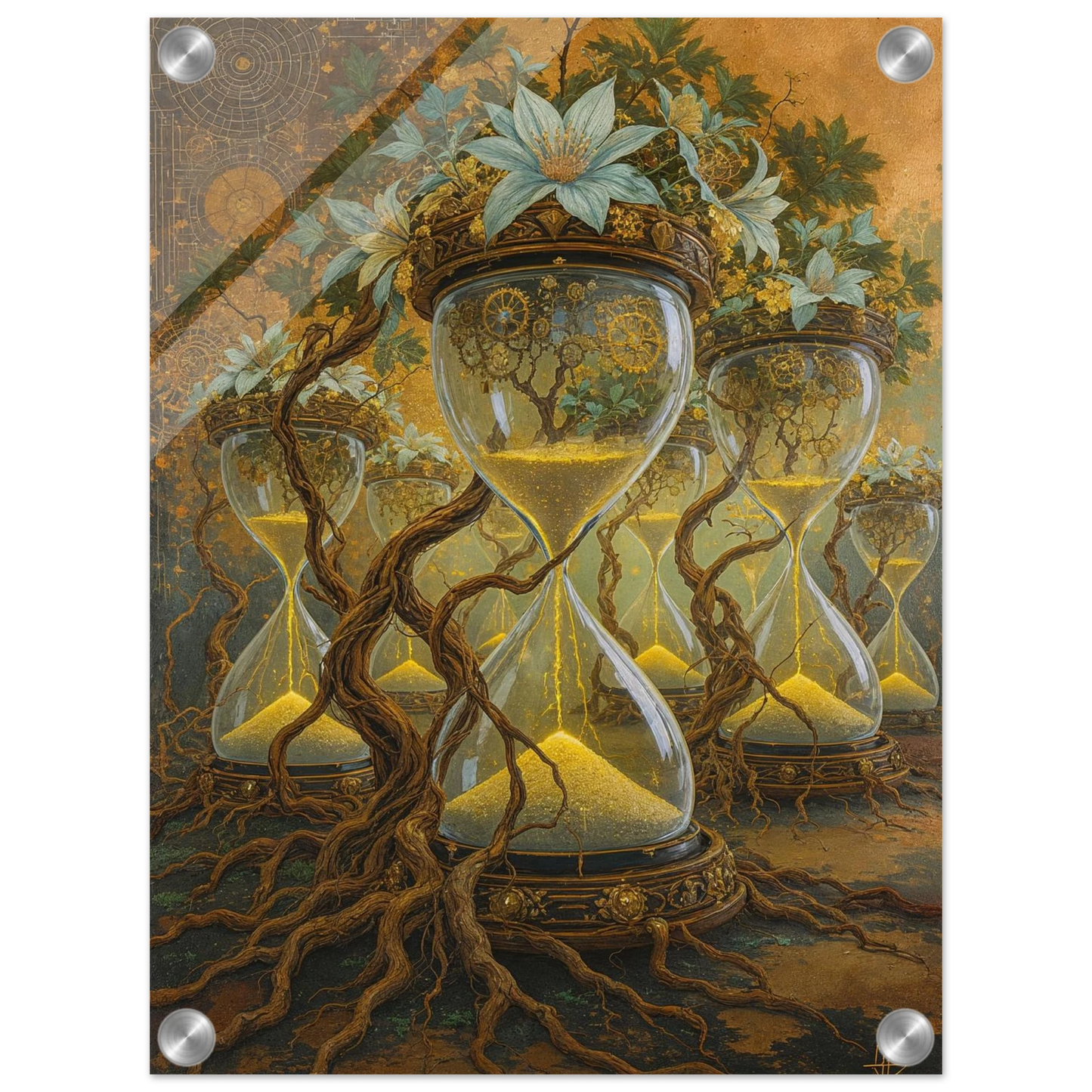 Artistic depiction of hourglasses intertwined with roots and floral elements on a textured background.