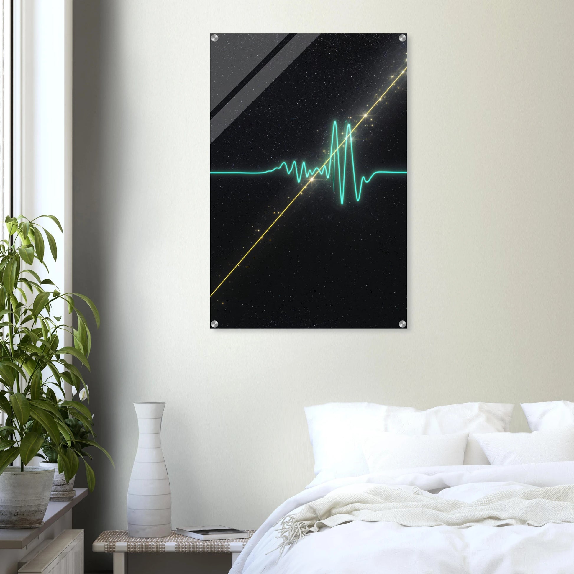 Modern bedroom with a abstract wall art piece on the wall.