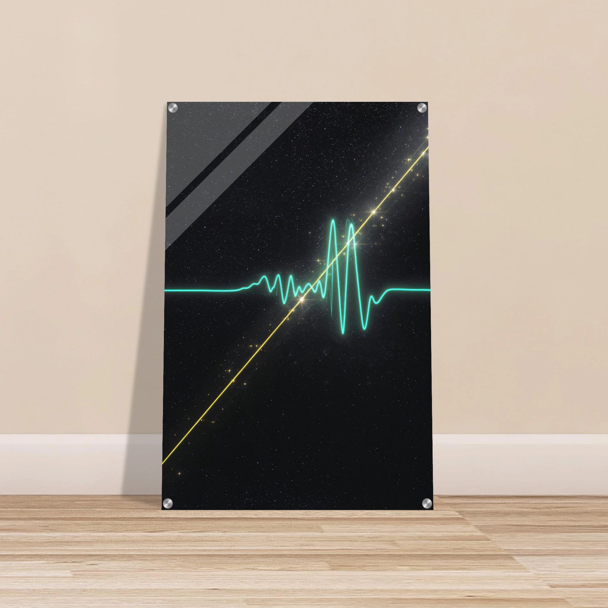 Decorative panel with a green sound wave design on a black background, mounted on a beige wall.