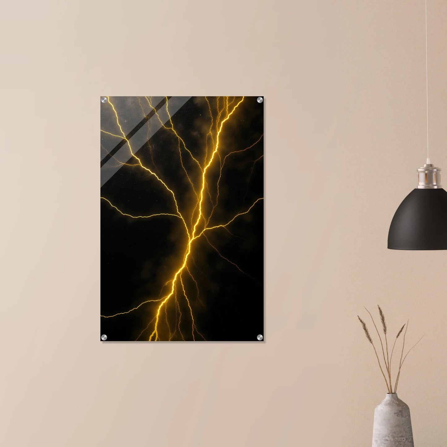 Abstract art print of yellow lightning on black background hanging on a beige wall.