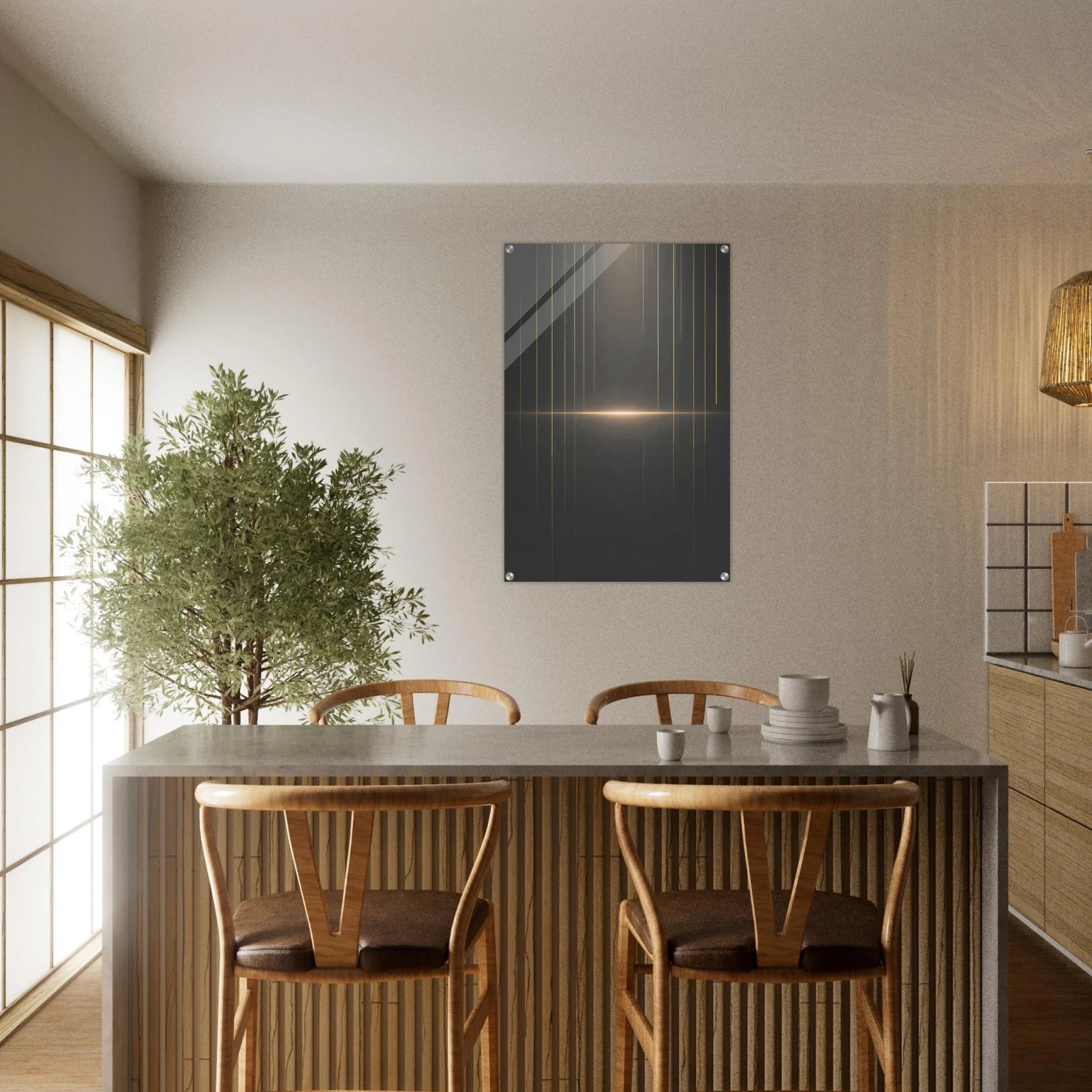 Modern kitchen with a dining area featuring a black rectangular object on the wall.
