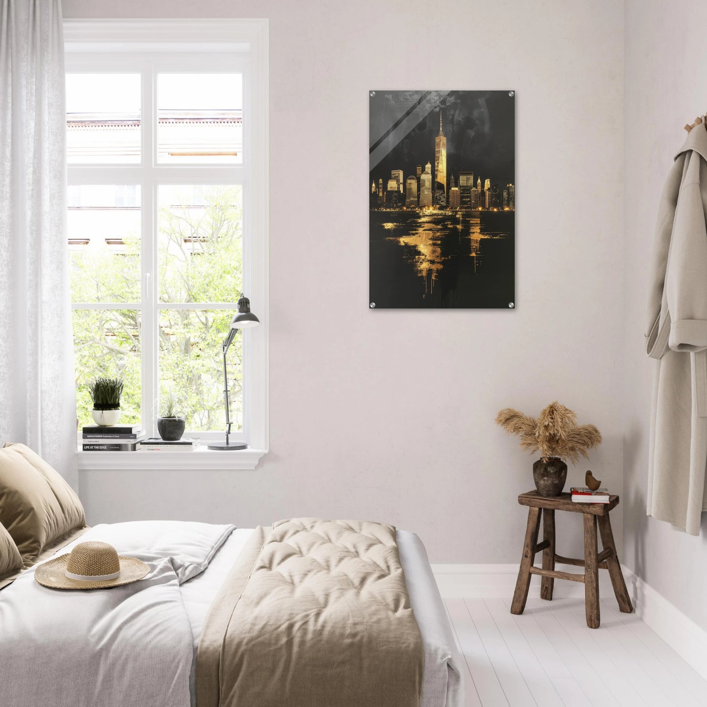New York Inspired Acrylic Print – Sleek Contemporary Architectural Design with Gold Accents