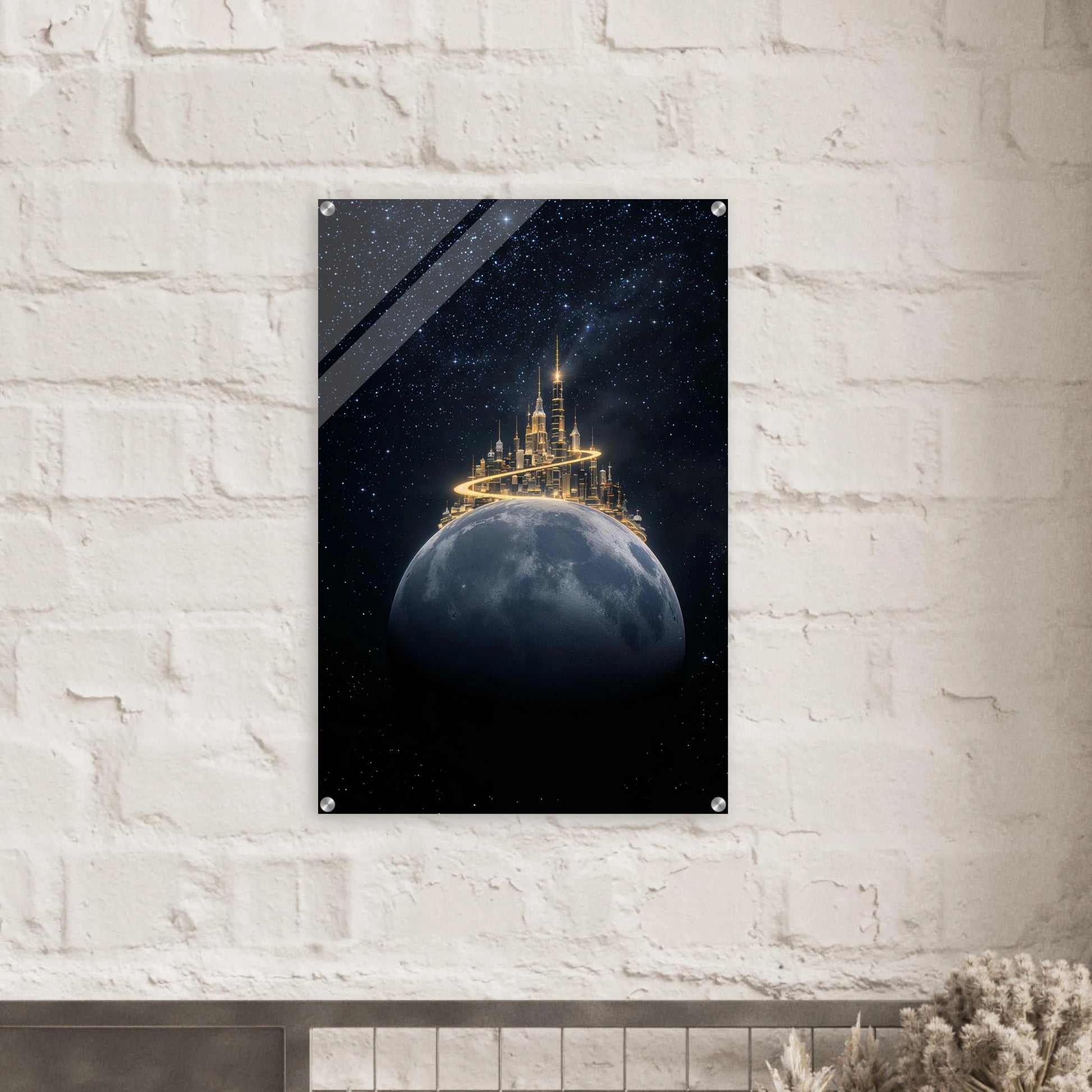  artwork of a castle on a moon with a starry night sky, mounted on a white brick wall.