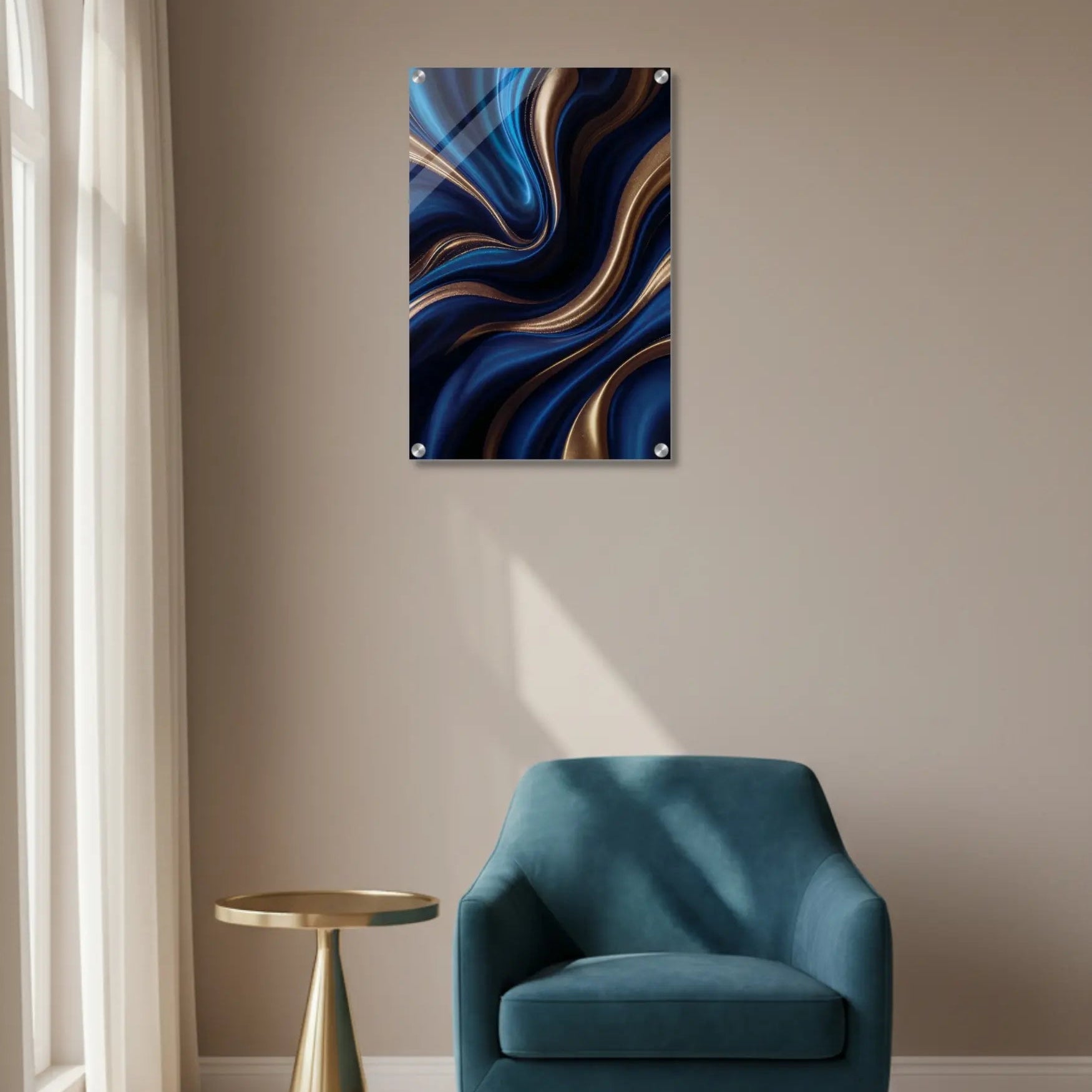 Modern interior with a blue armchair, gold side table, and abstract art on the wall.