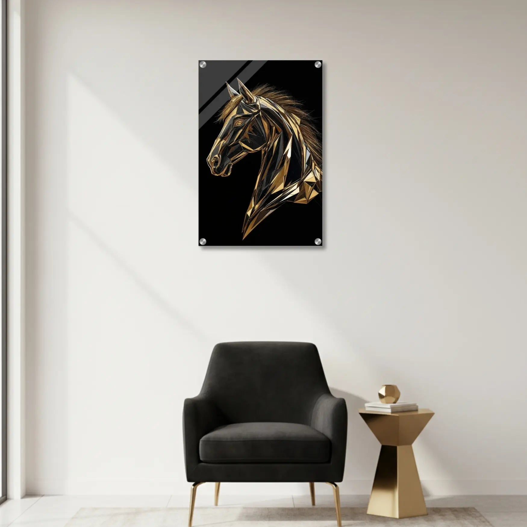 Decorative wall art of a gold horse head on a black background in a modern interior setting.