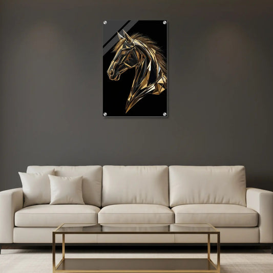 Modern living room with a beige sofa, coffee table, and a horse head artwork on the wall.