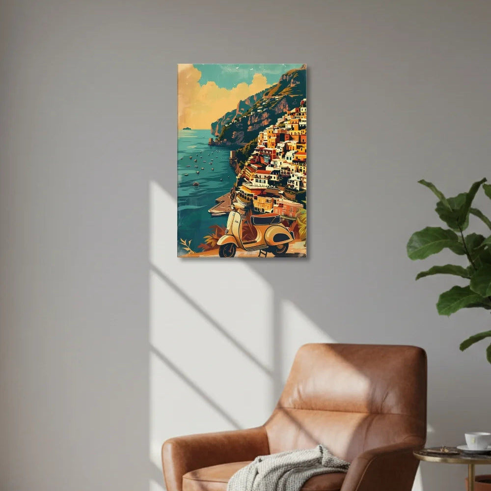 Brown leather armchair with a blanket in a room with a painting of a coastal scene on the wall.
