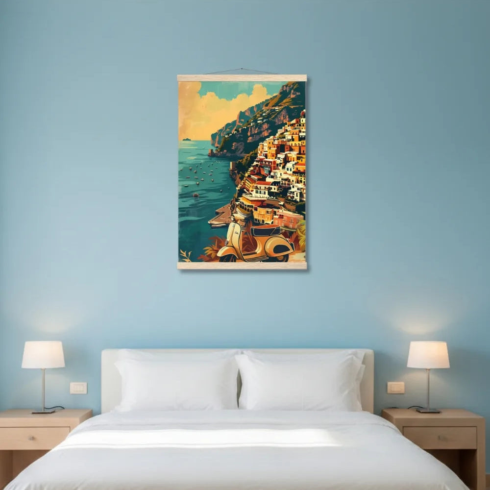 Bedroom with a large bed, two lamps, and a scenic wall art above.