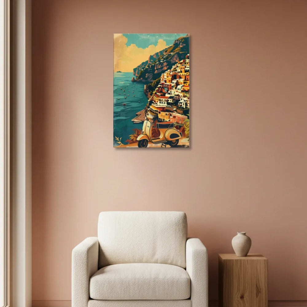 Painting of a coastal scene on a wall above a chair in a room with a window.