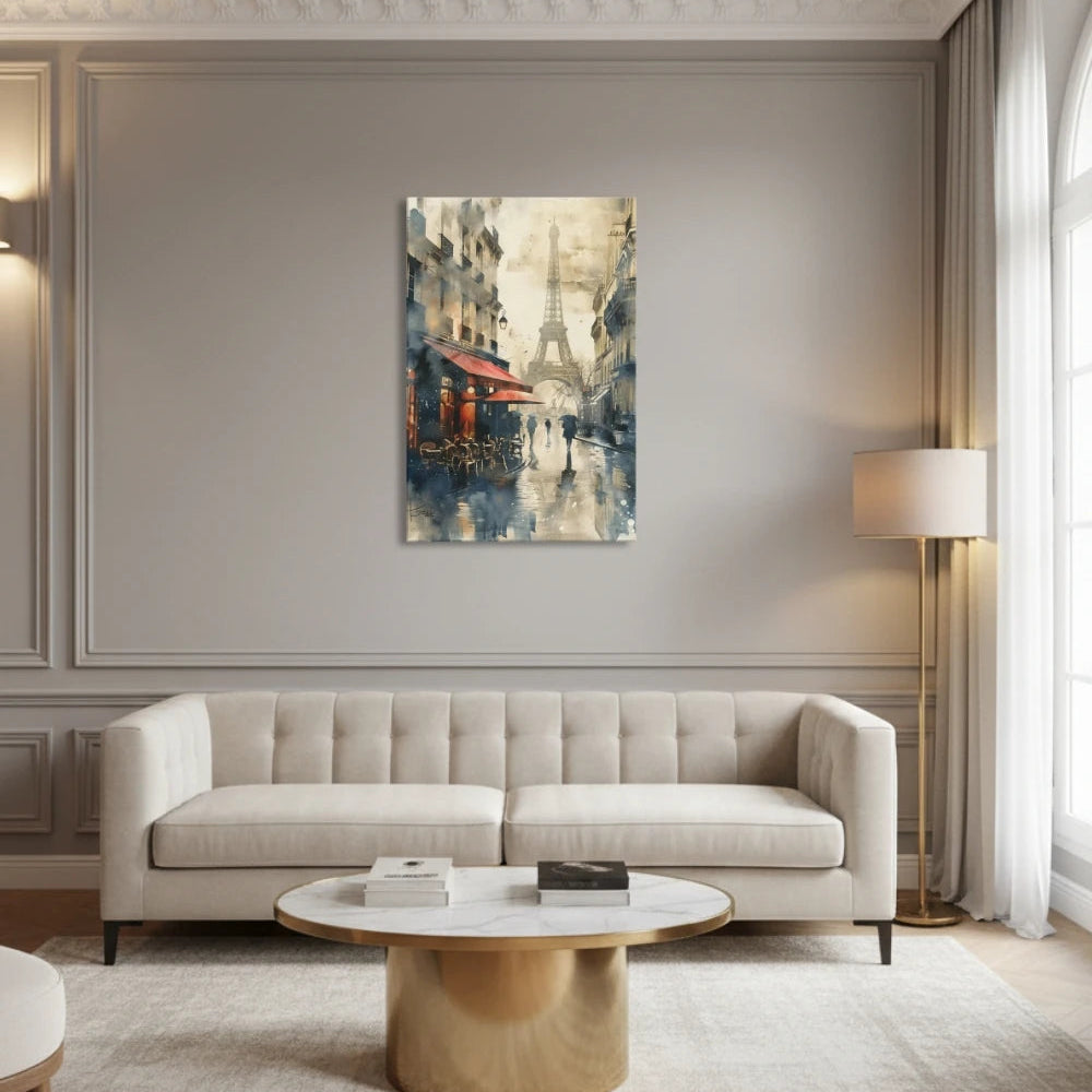 Modern living room with a beige sofa, round coffee table, and abstract painting on the wall.