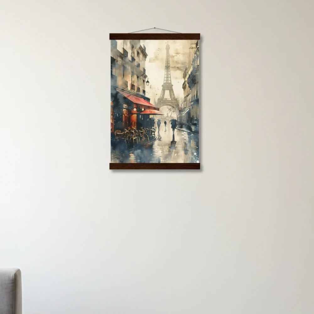 Framed artwork of a city street scene with the Eiffel Tower on a white wall.