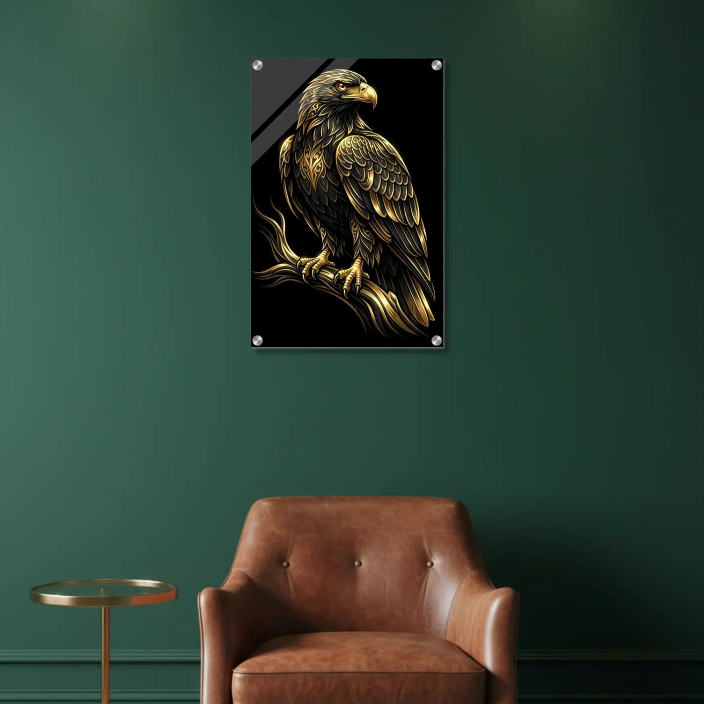 Eagle artwork on a wall above a brown leather chair in a room with green walls.