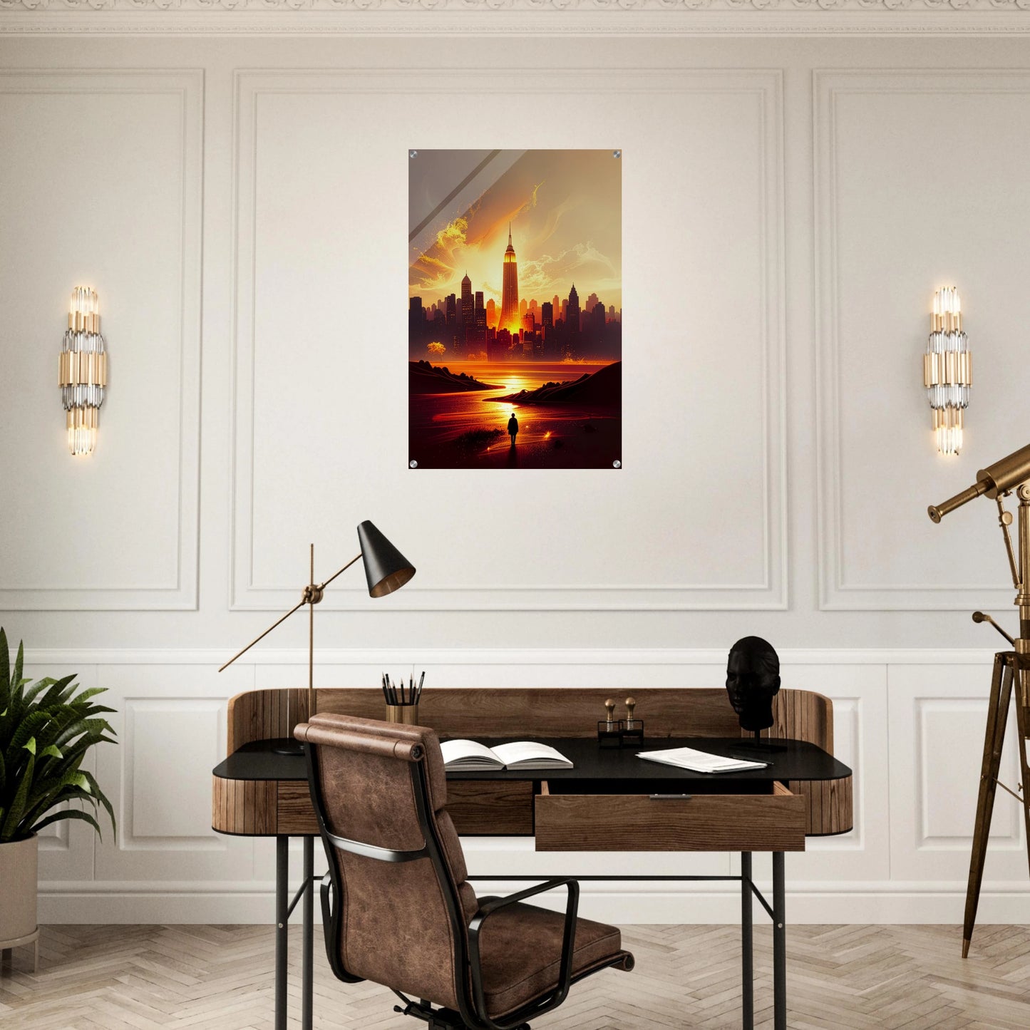 New York Inspired Acrylic Print – Sleek Contemporary Architectural Design with Gold Accents