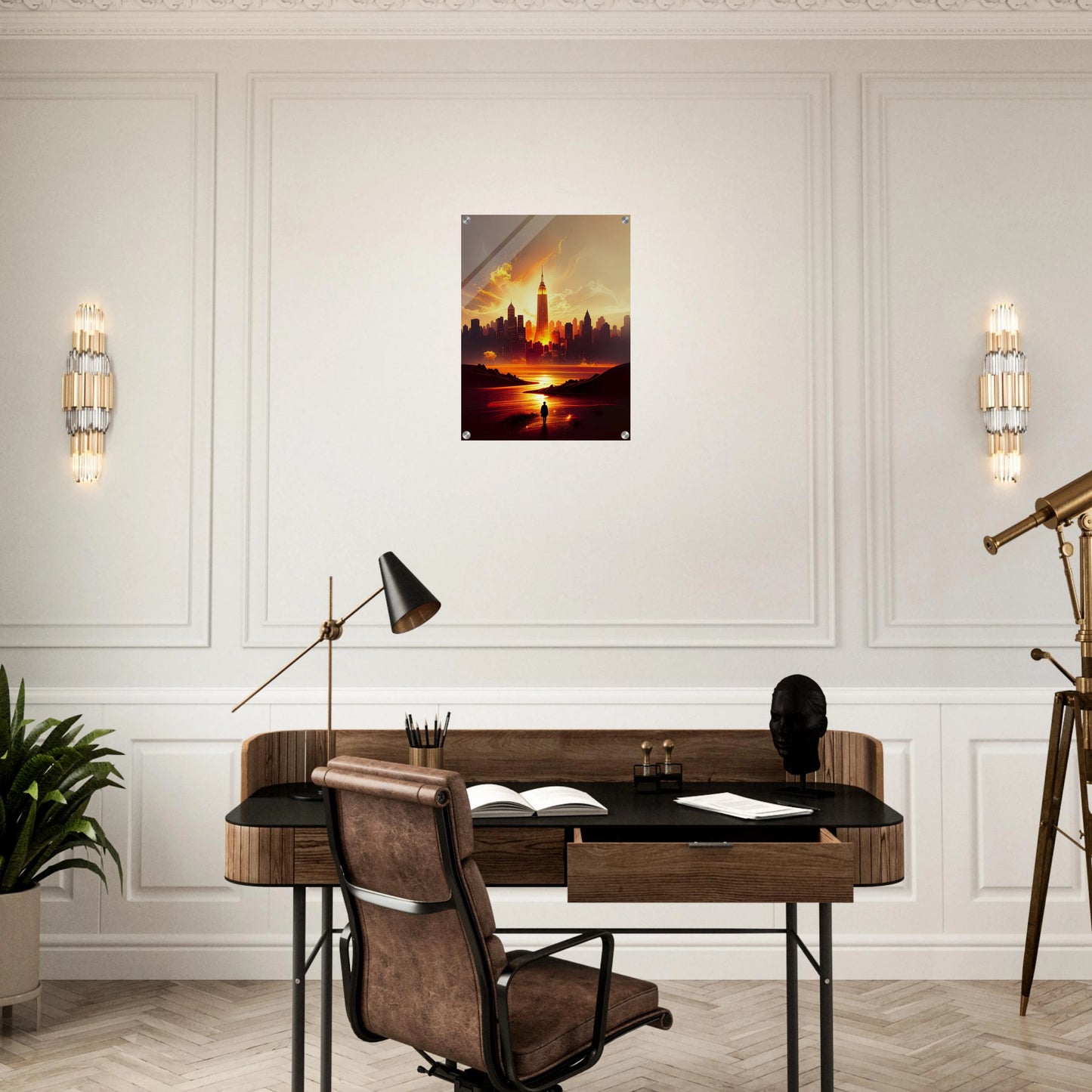 New York Inspired Acrylic Print – Sleek Contemporary Architectural Design with Gold Accents