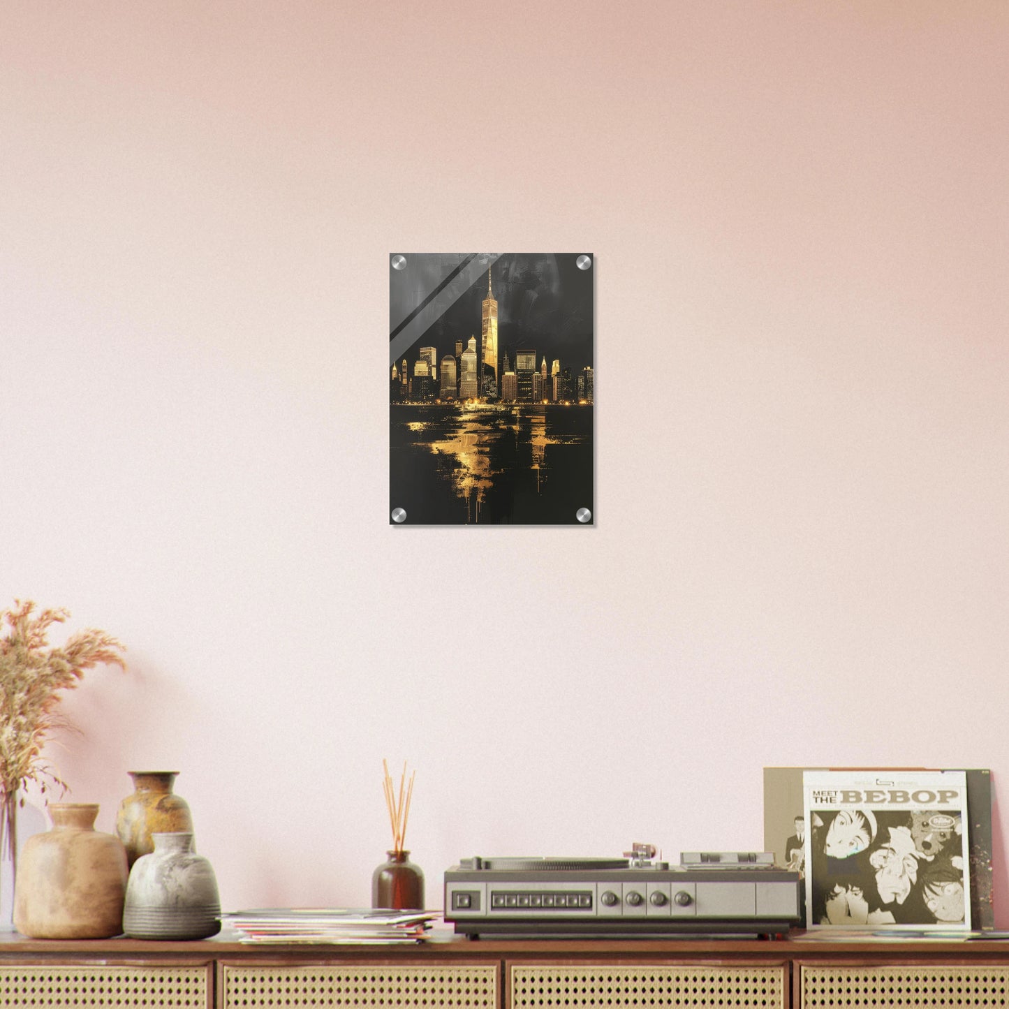 New York Inspired Acrylic Print – Sleek Contemporary Architectural Design with Gold Accents