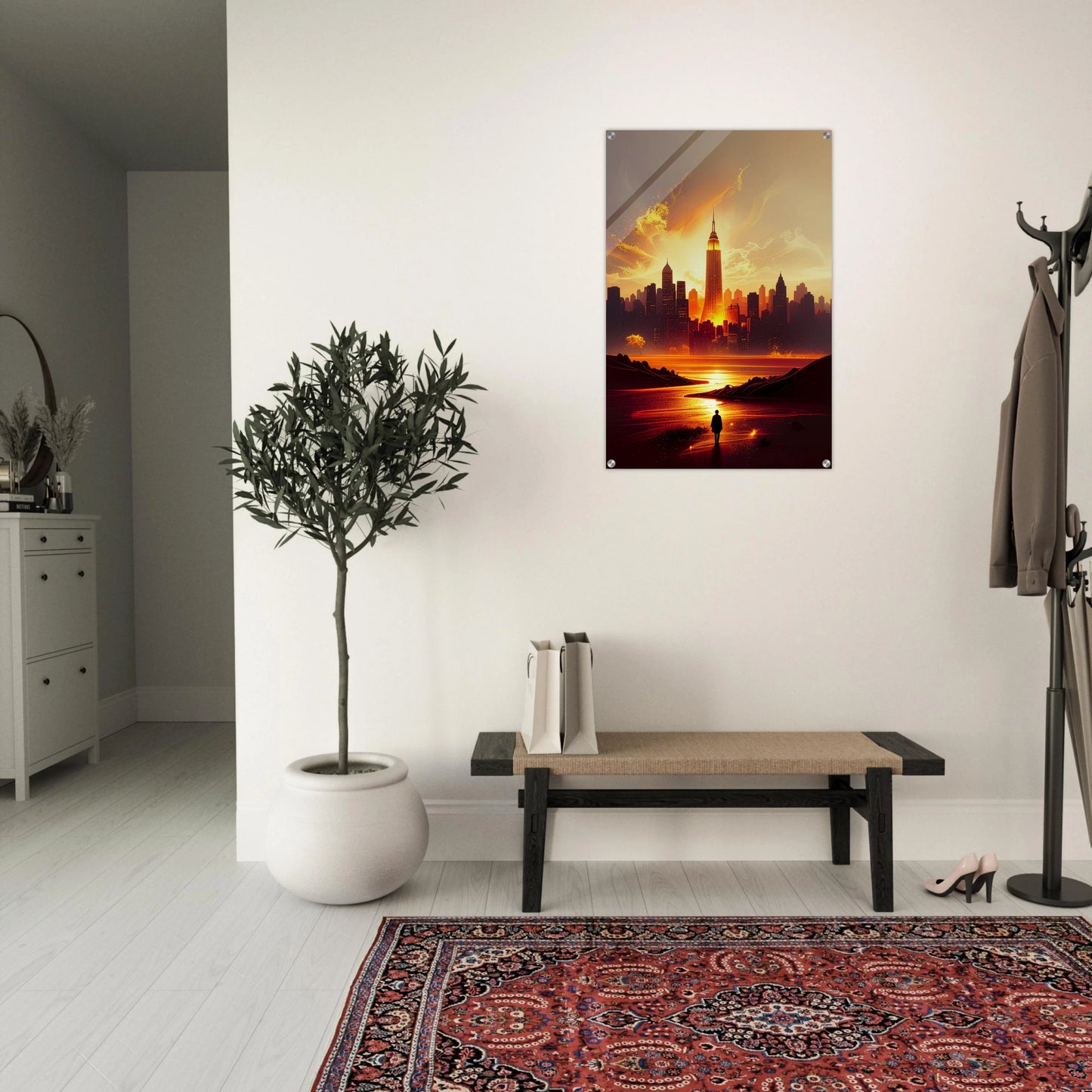 New York Inspired Acrylic Print – Sleek Contemporary Architectural Design with Gold Accents