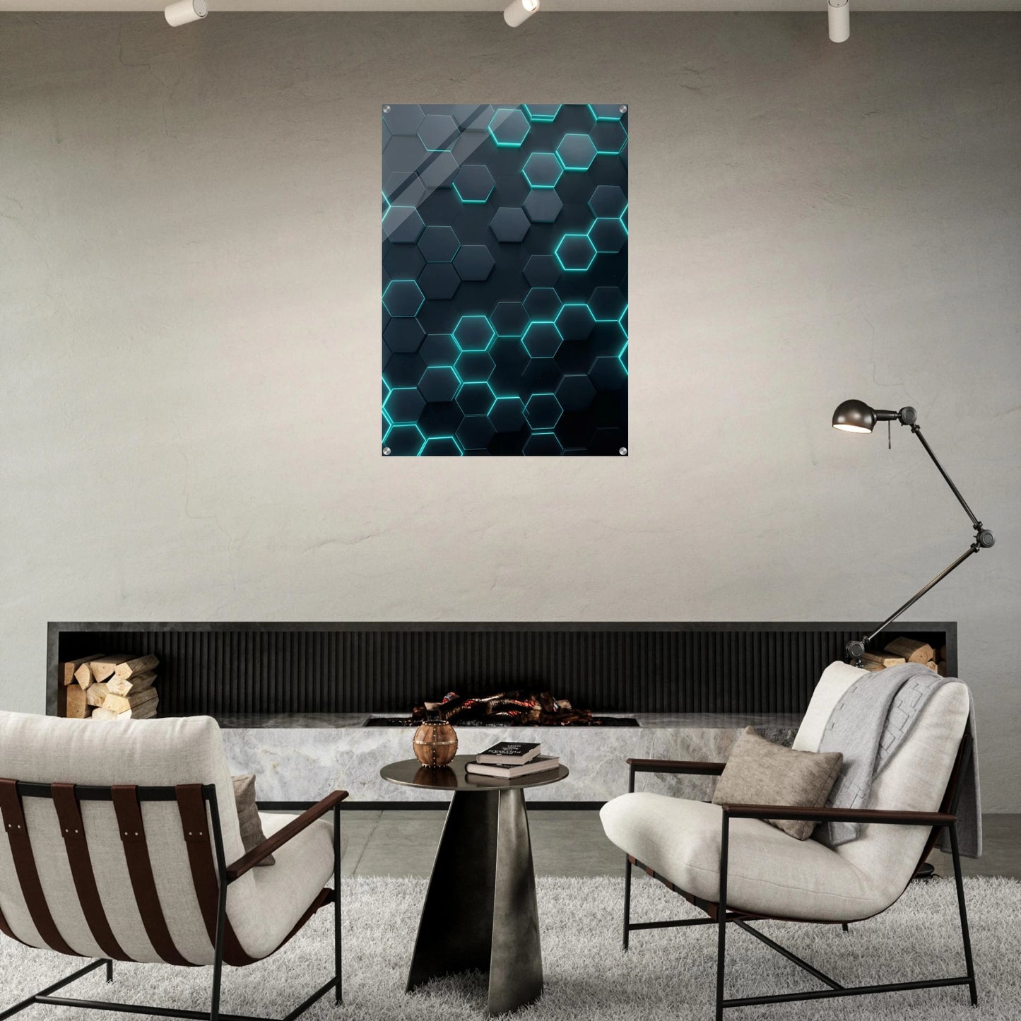 Modern living room with geometric wall art, chairs, and a table.