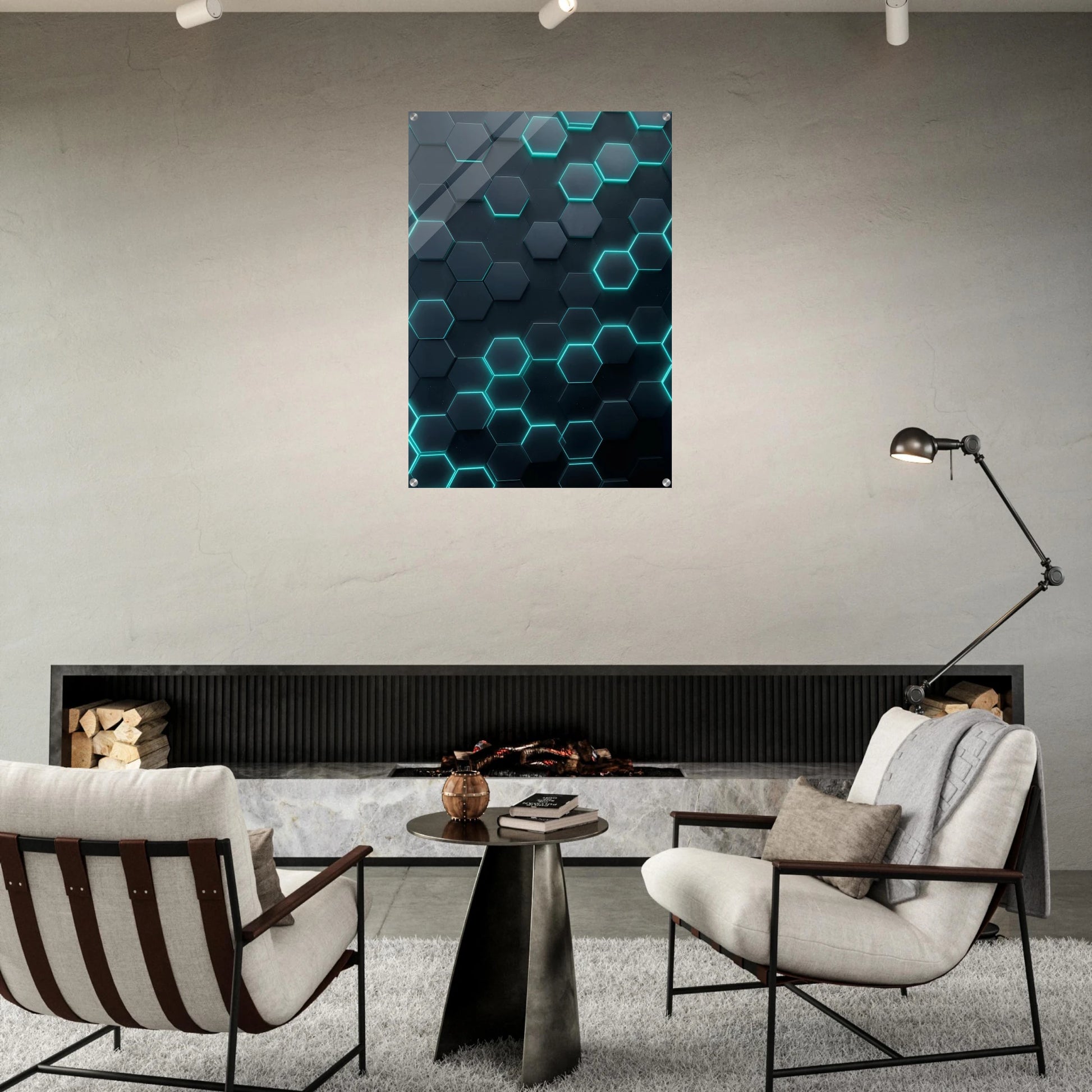 Modern living room with geometric wall art, chairs, and a table.
