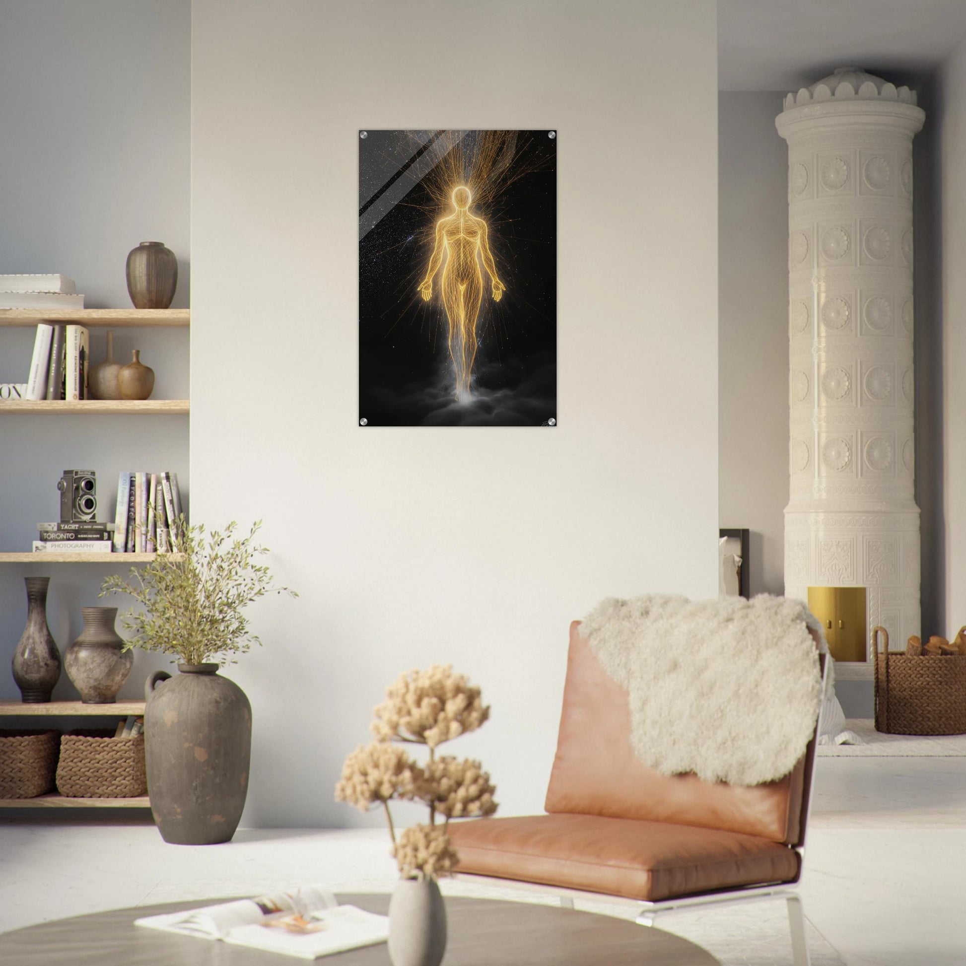 Living room with a modern chair, decorative plants, and a wall art piece of a glowing figure.