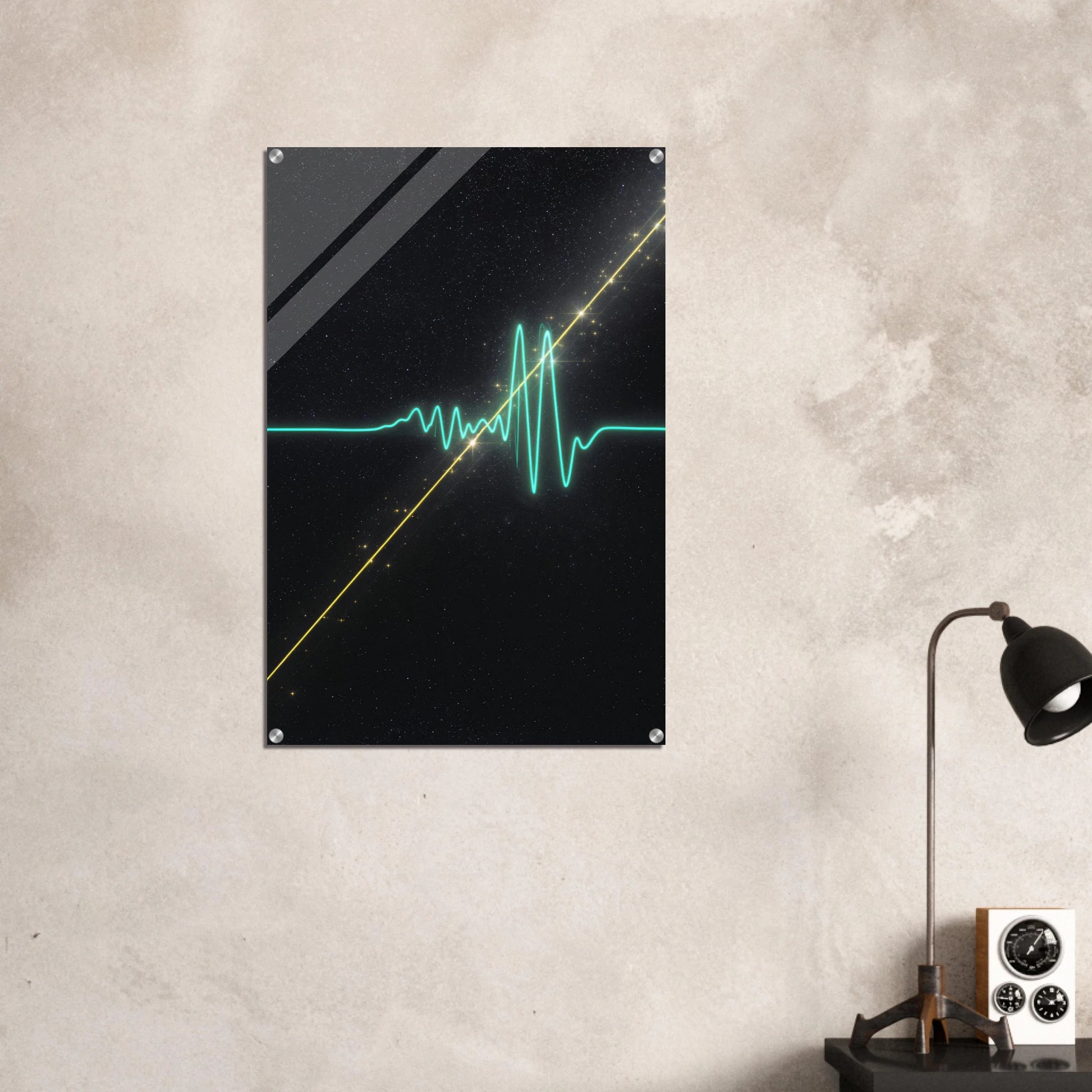 Decorative wall art with a black background, green and yellow lines, and a lamp on a shelf.