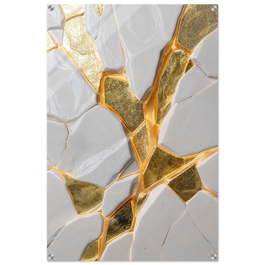 Geometric pattern with gold and white tiles on a white background