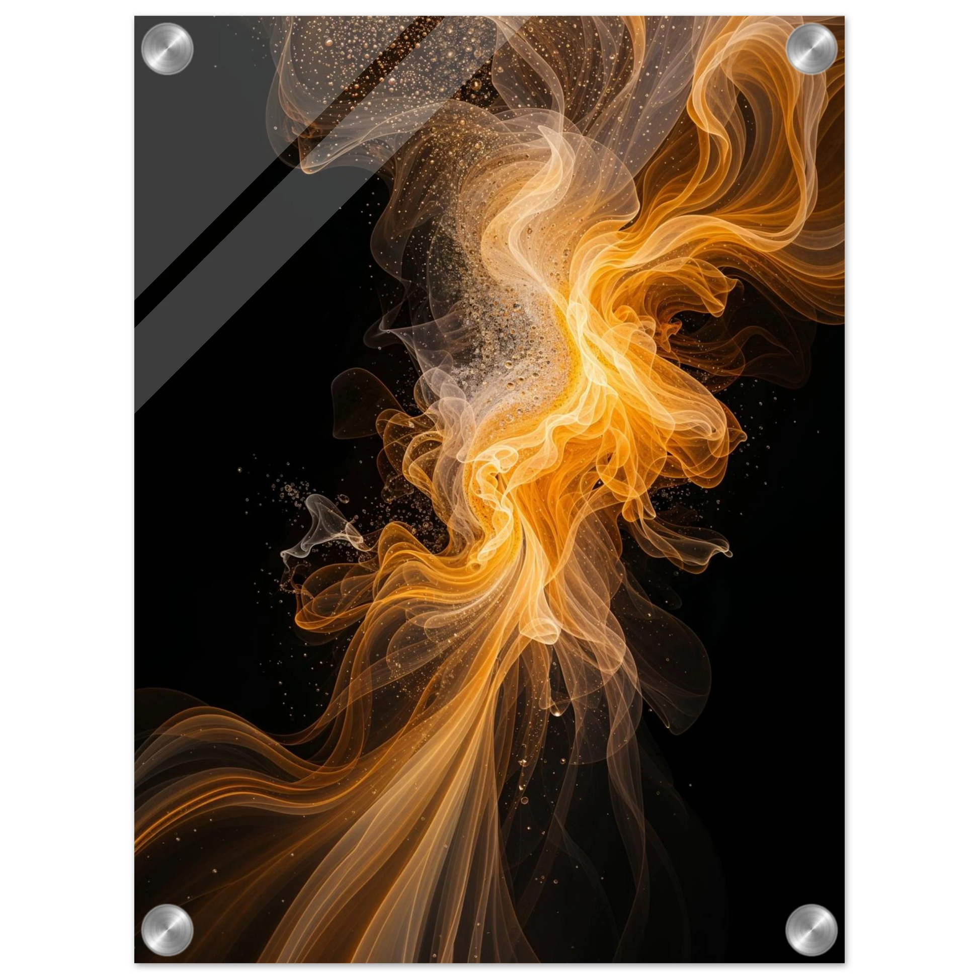 Abstract design of orange and brown smoke-like patterns on a black background with silver screws.