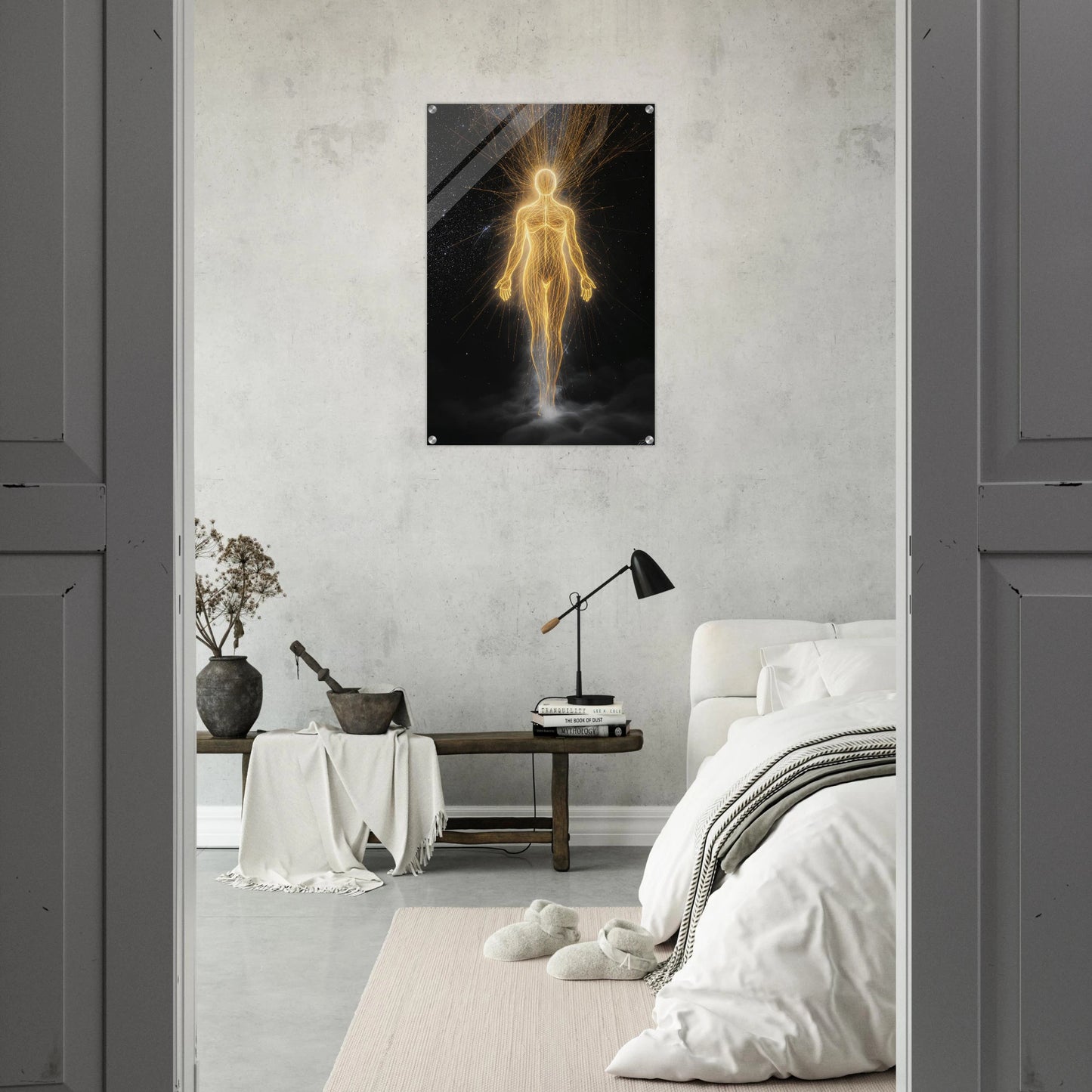 Poster of a glowing human figure on a wall in a bedroom setting