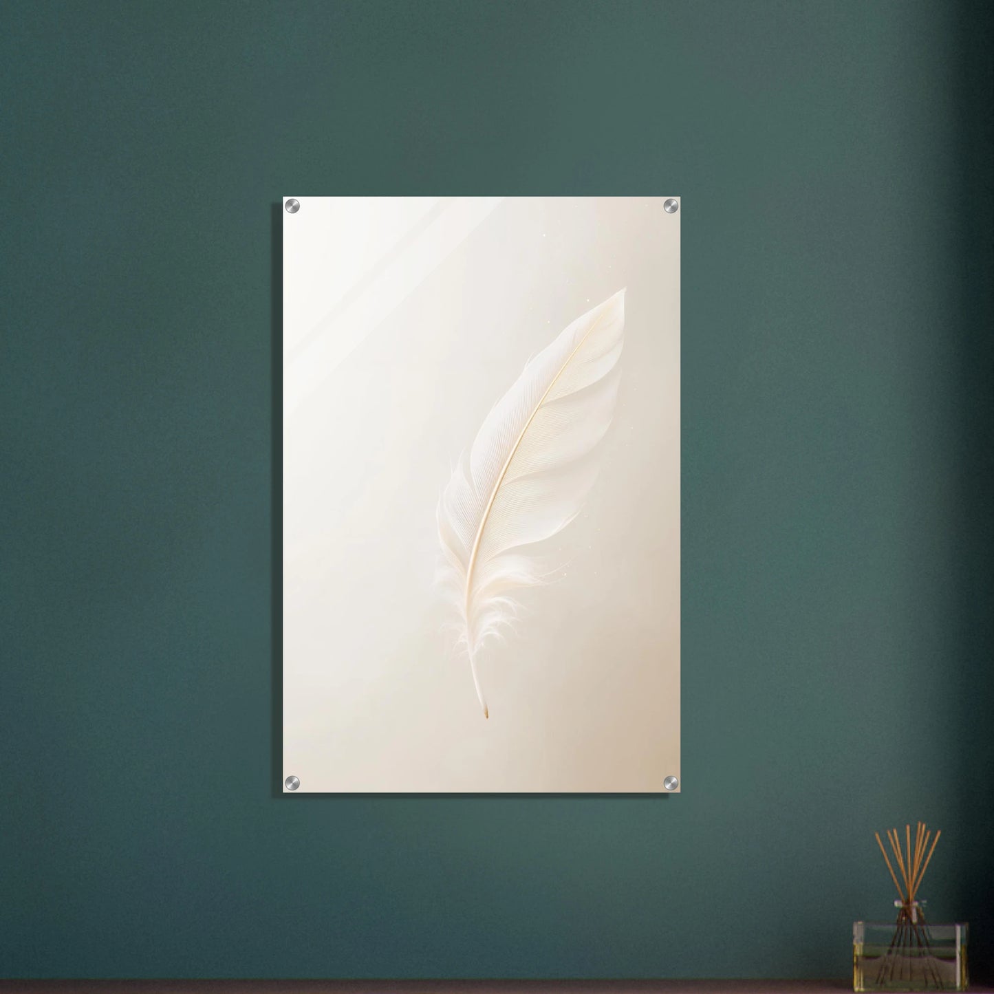 White feather painting on a teal wall