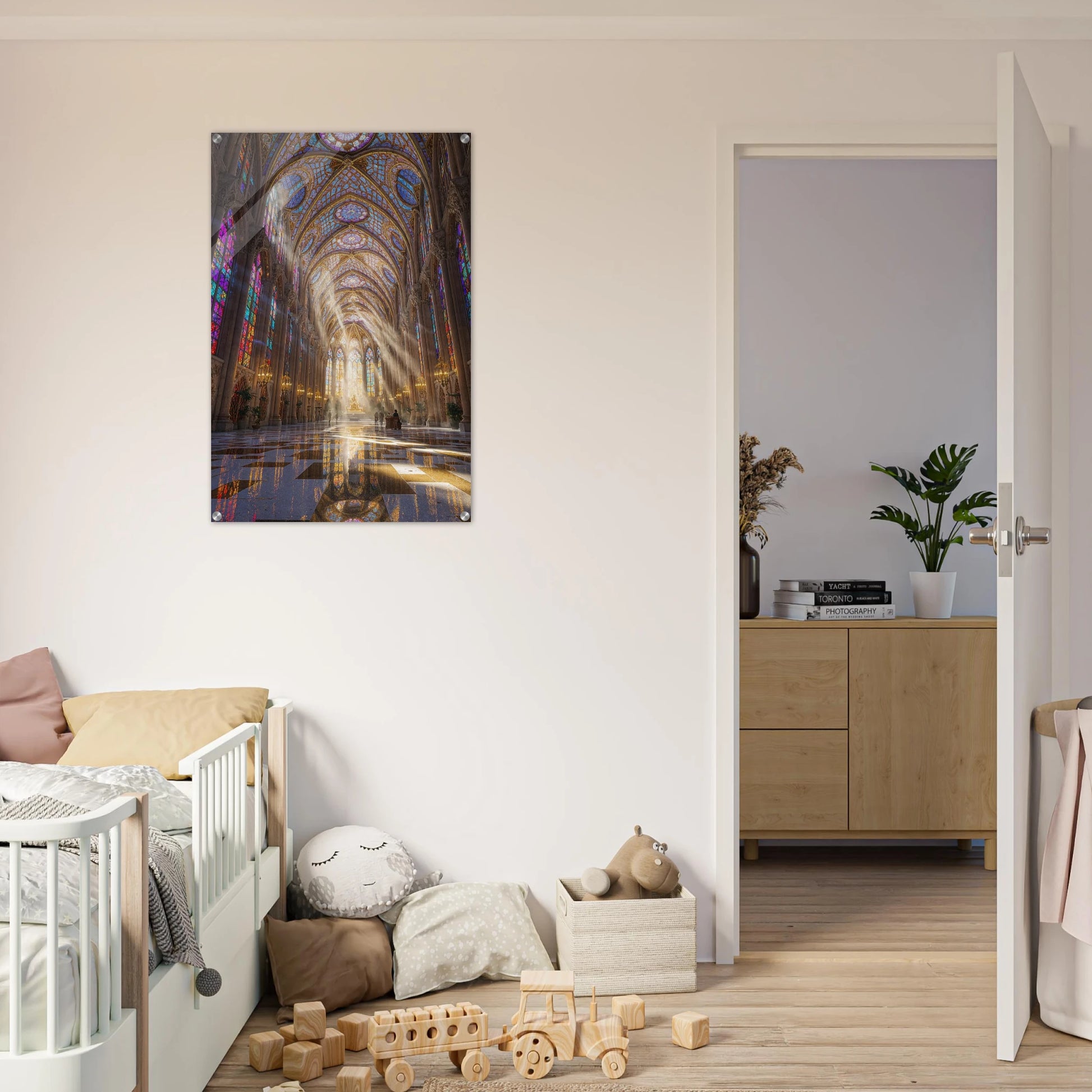 Children's room with a large wall art of a cathedral interior, wooden toys, and a crib.