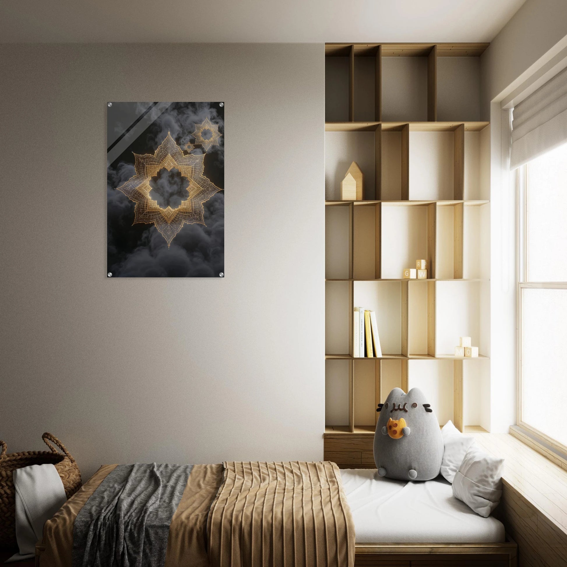 Modern bedroom with wooden shelves, abstract wall art, and a plush toy on a bed.