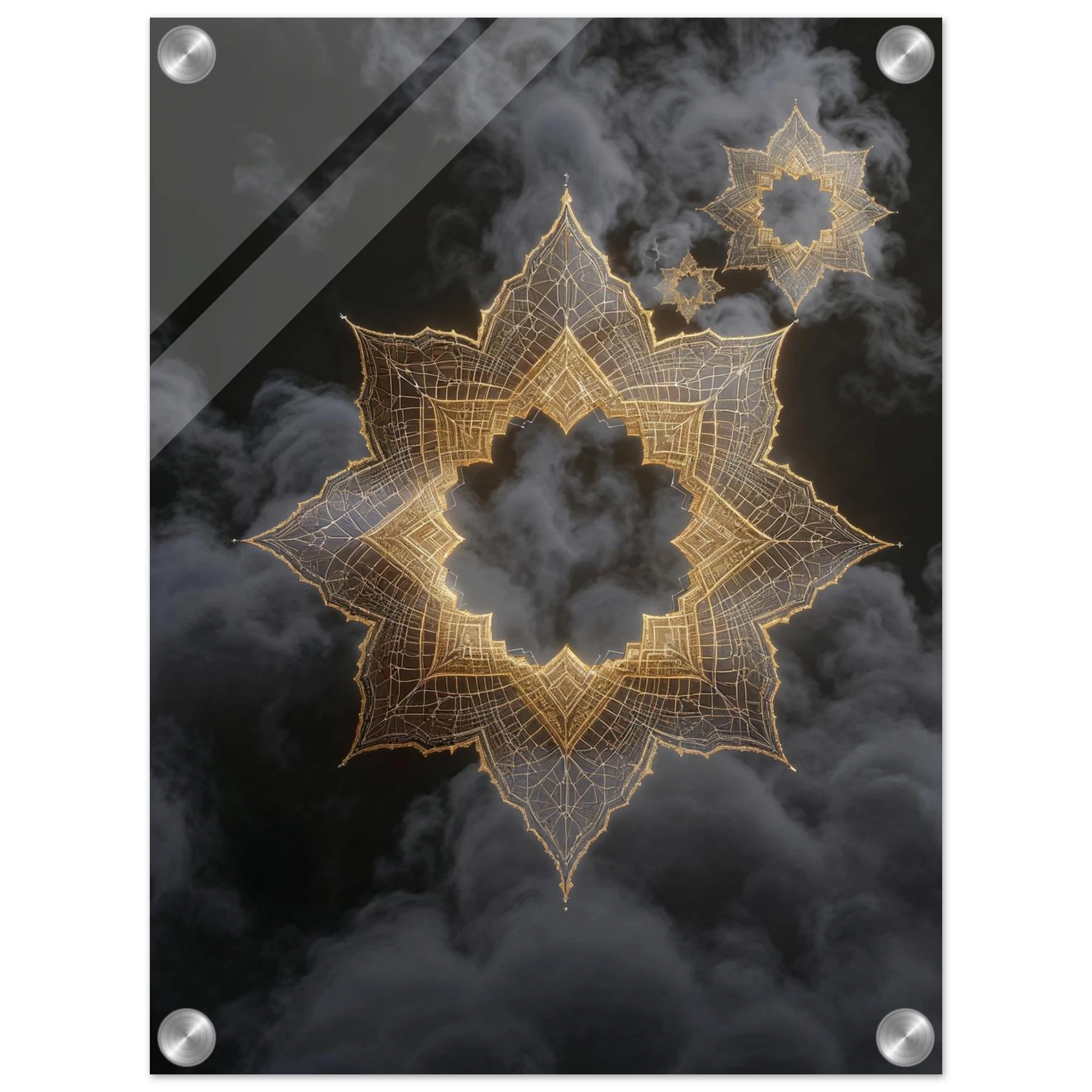 Decorative glass panel with gold geometric design on a black background