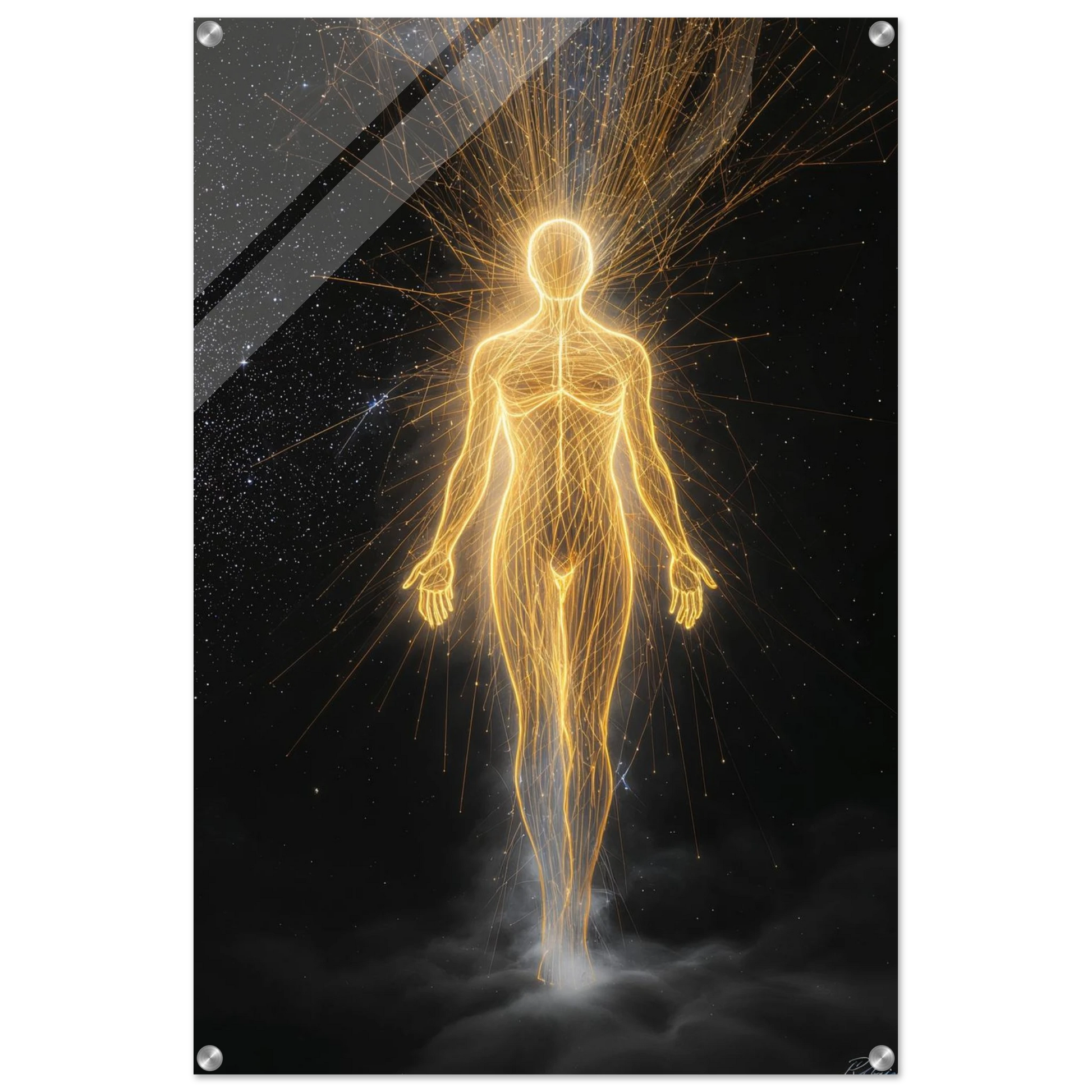 Artistic depiction of a human figure with glowing energy lines against a dark background
