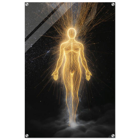 Artistic depiction of a human figure with glowing energy lines against a dark background