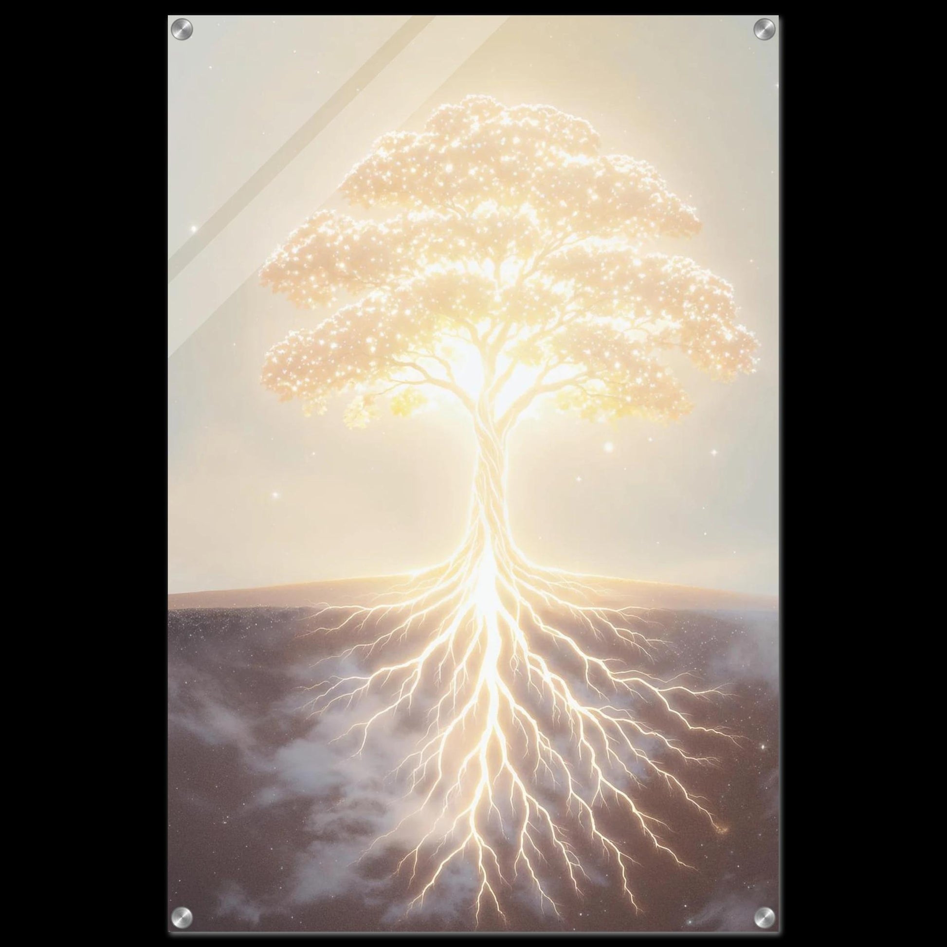 Tree with bright light at the top and roots extending into the ground, set against a clear sky.
