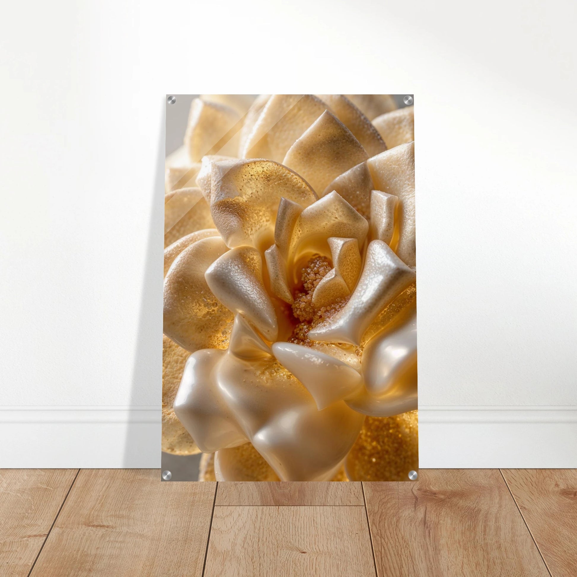 Decorative glass panel with a floral design on a wooden floor.