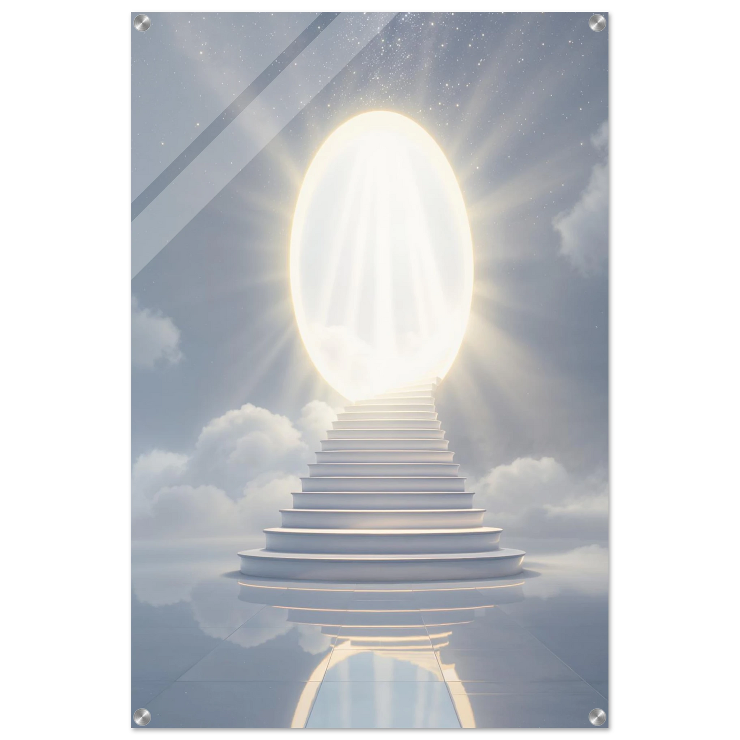 Stairway leading to a bright light in the clouds