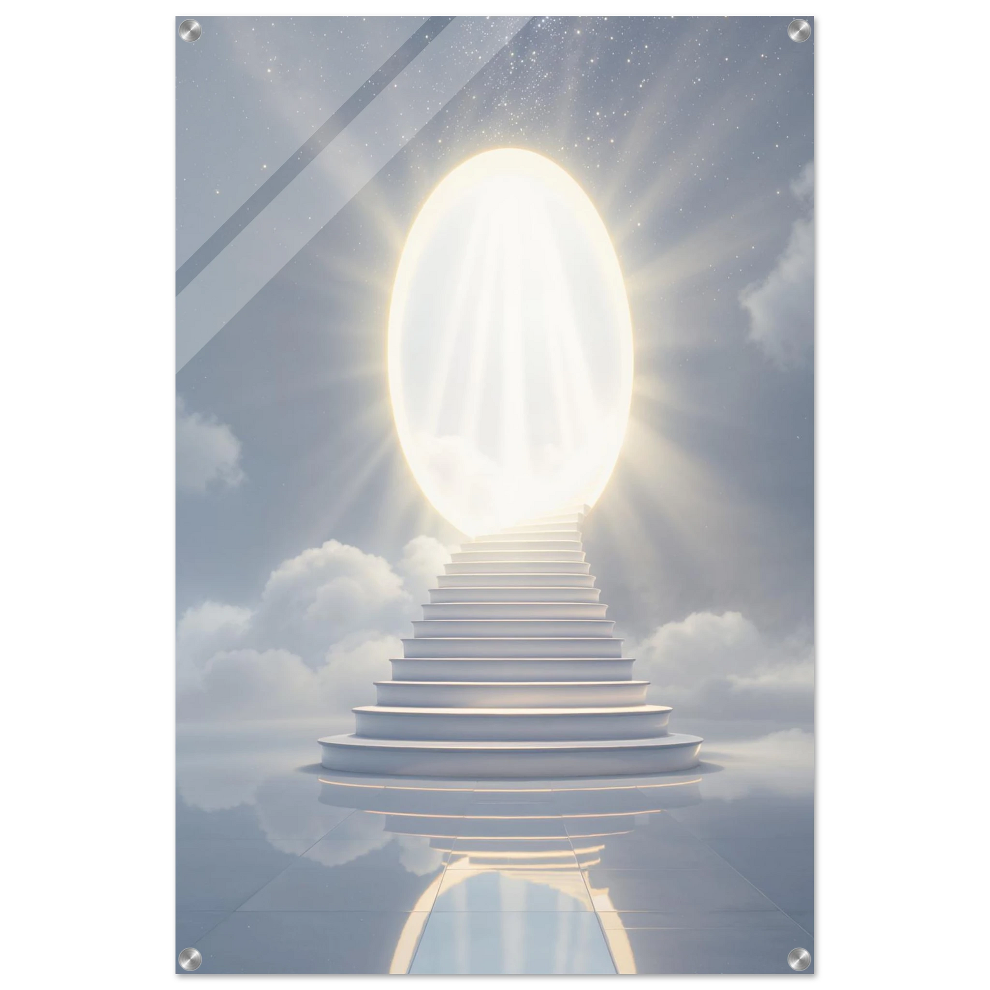 Stairway leading to a bright light in the clouds
