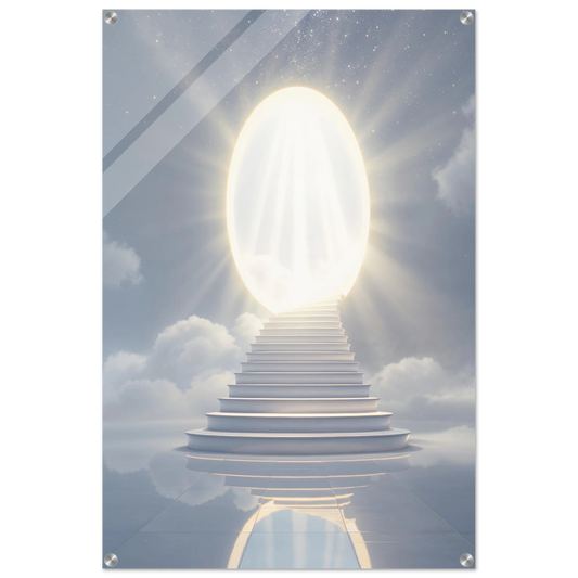 Stairway leading to a bright light in the clouds