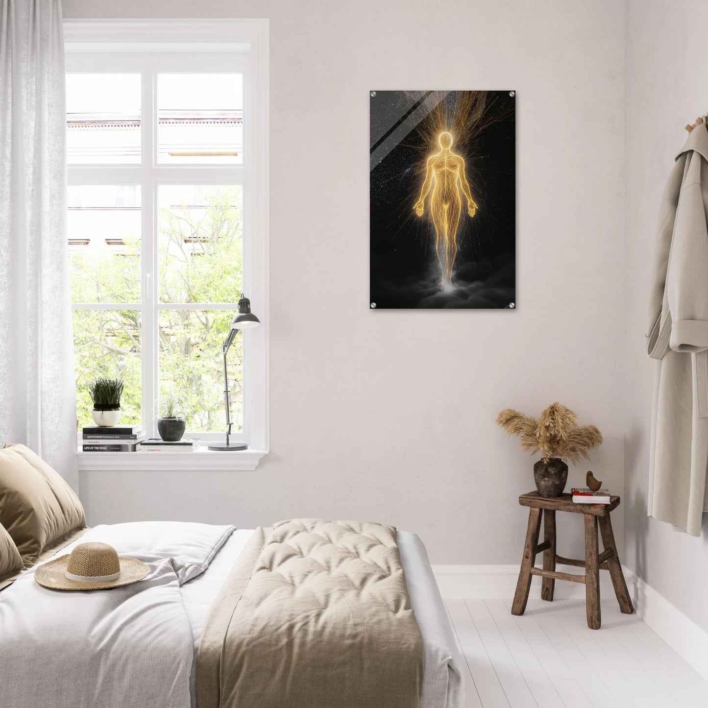 Bedroom with a window, bed, and wall art of a glowing figure.