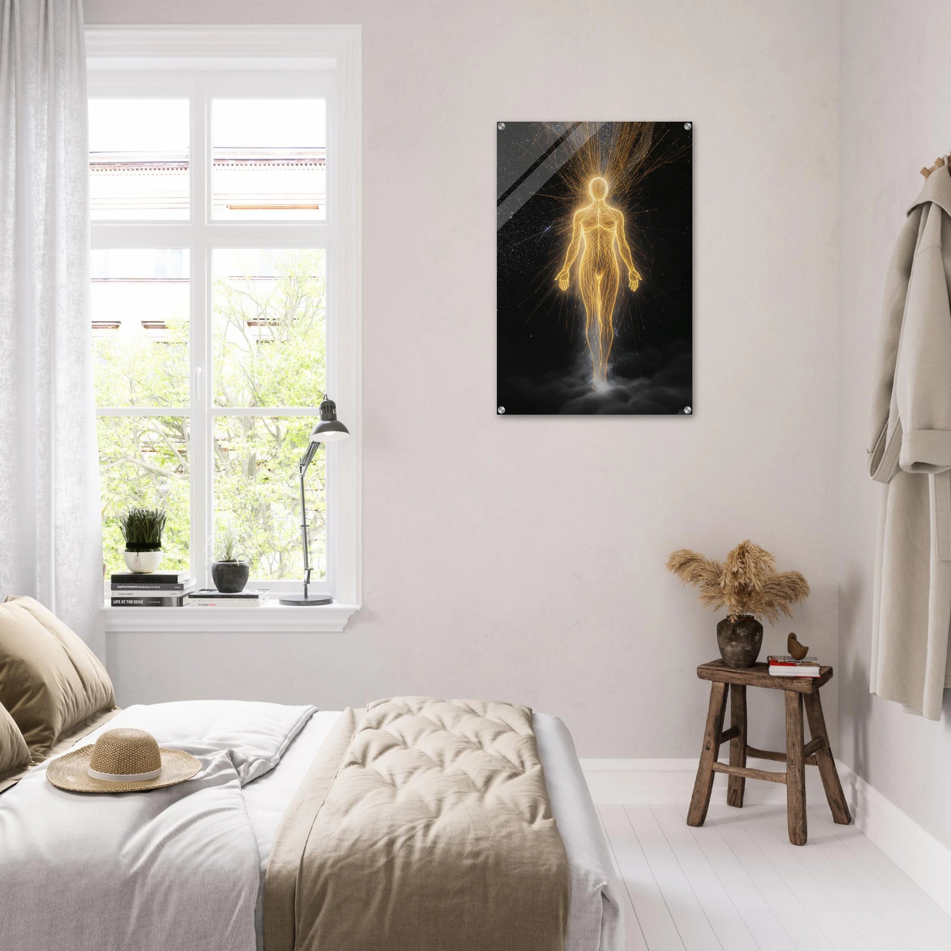 Bedroom with a window, bed, and wall art of a glowing figure.