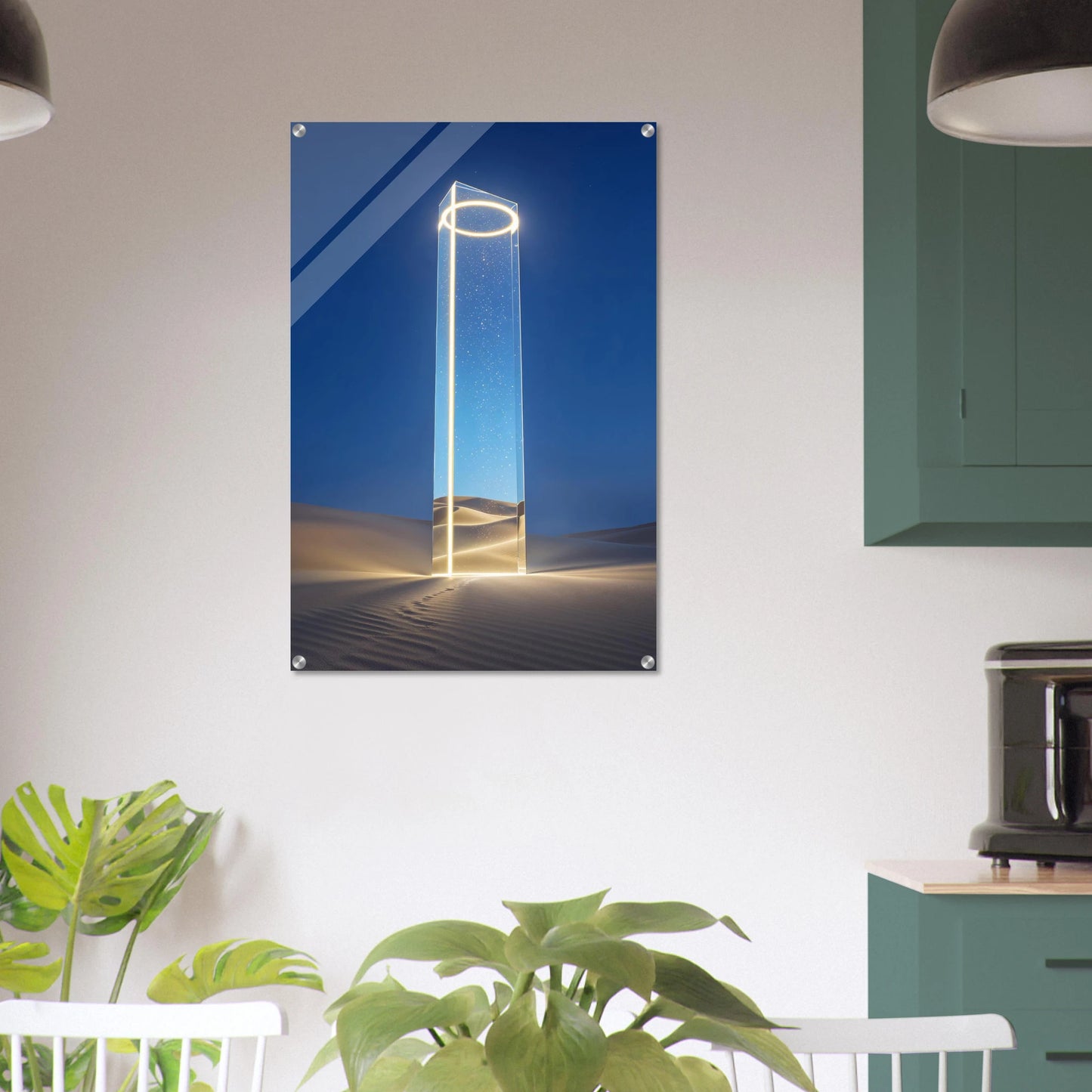 Modern wall art of a futuristic light sculpture in a desert setting, hanging on a white wall.