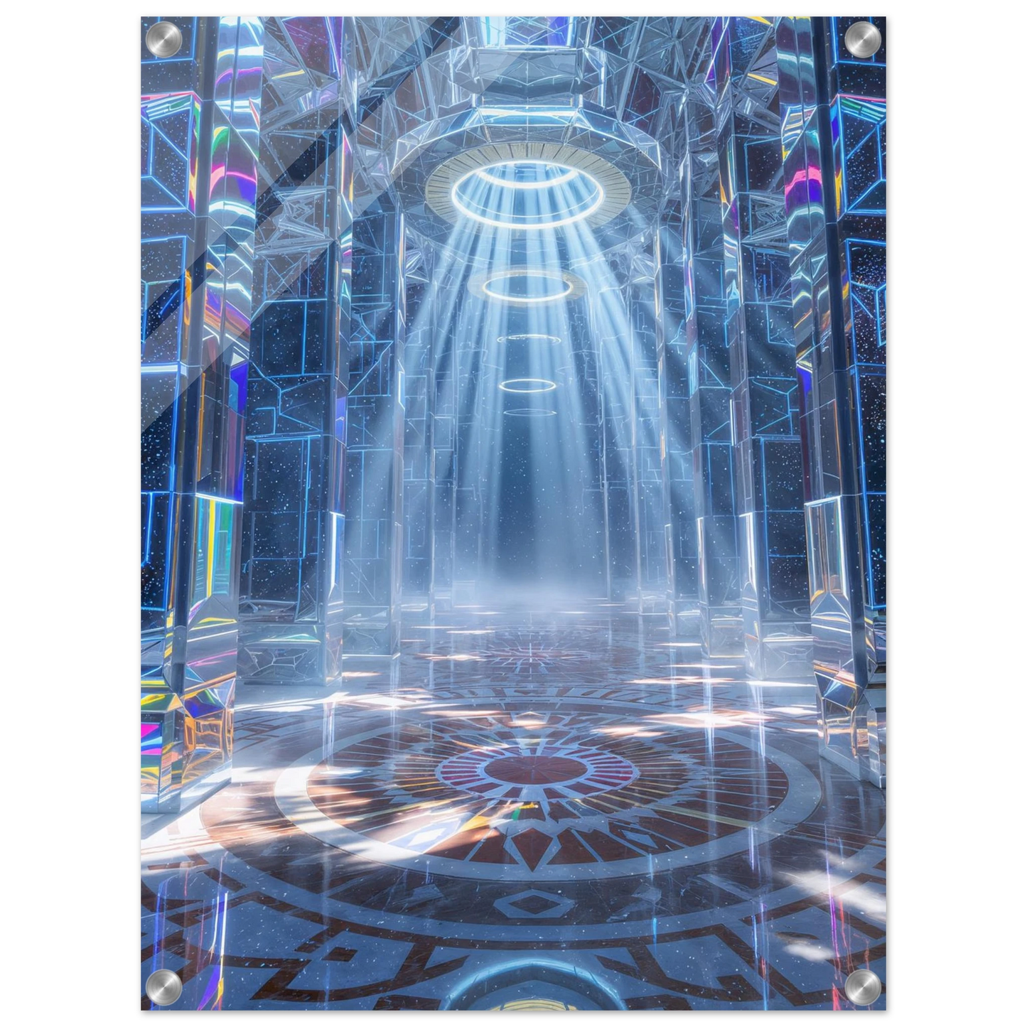 Stained glass window with light beams and circular patterns